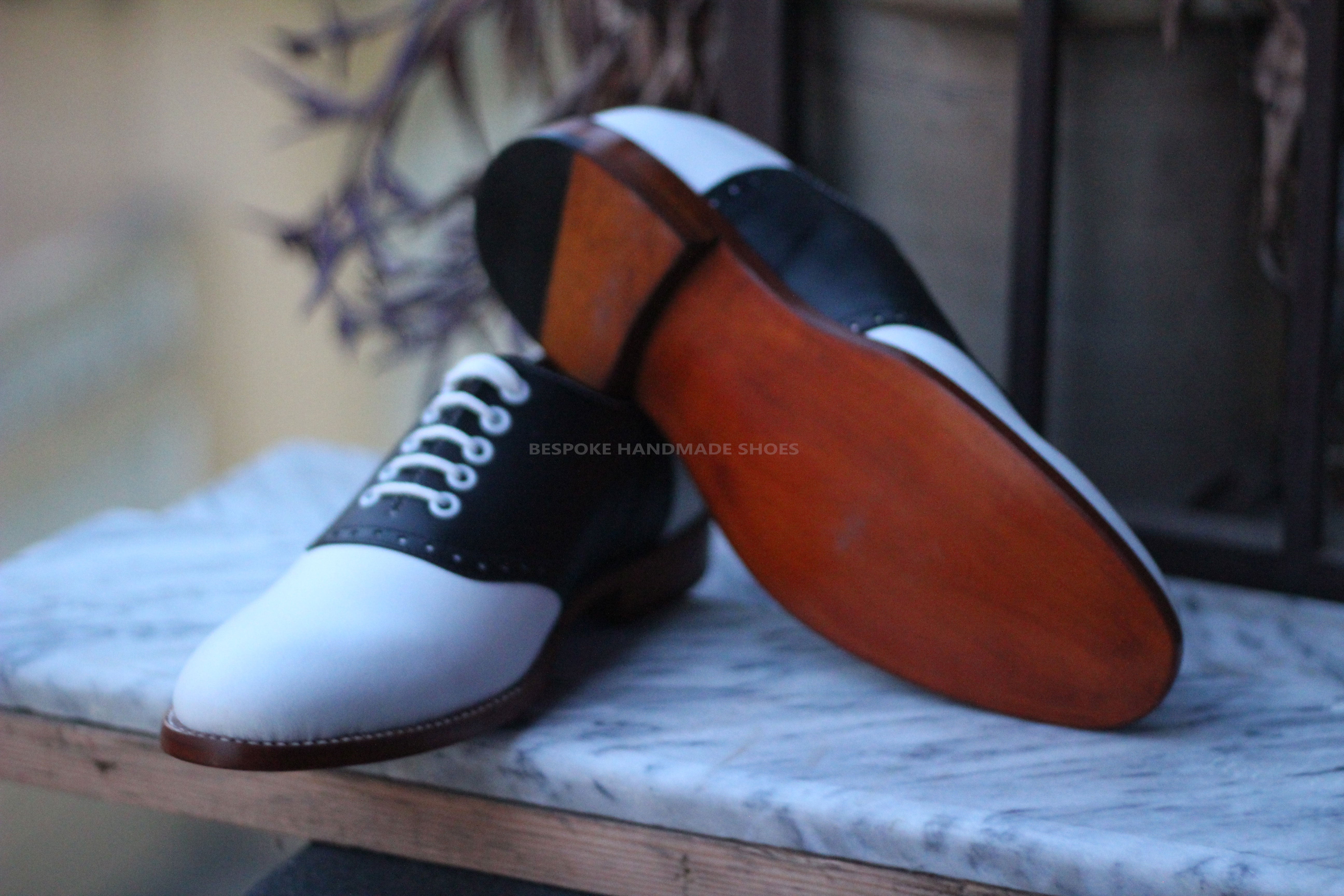 Custom made Men's Black, White Leather Oxford Dress Lace up Handmade men Shoes