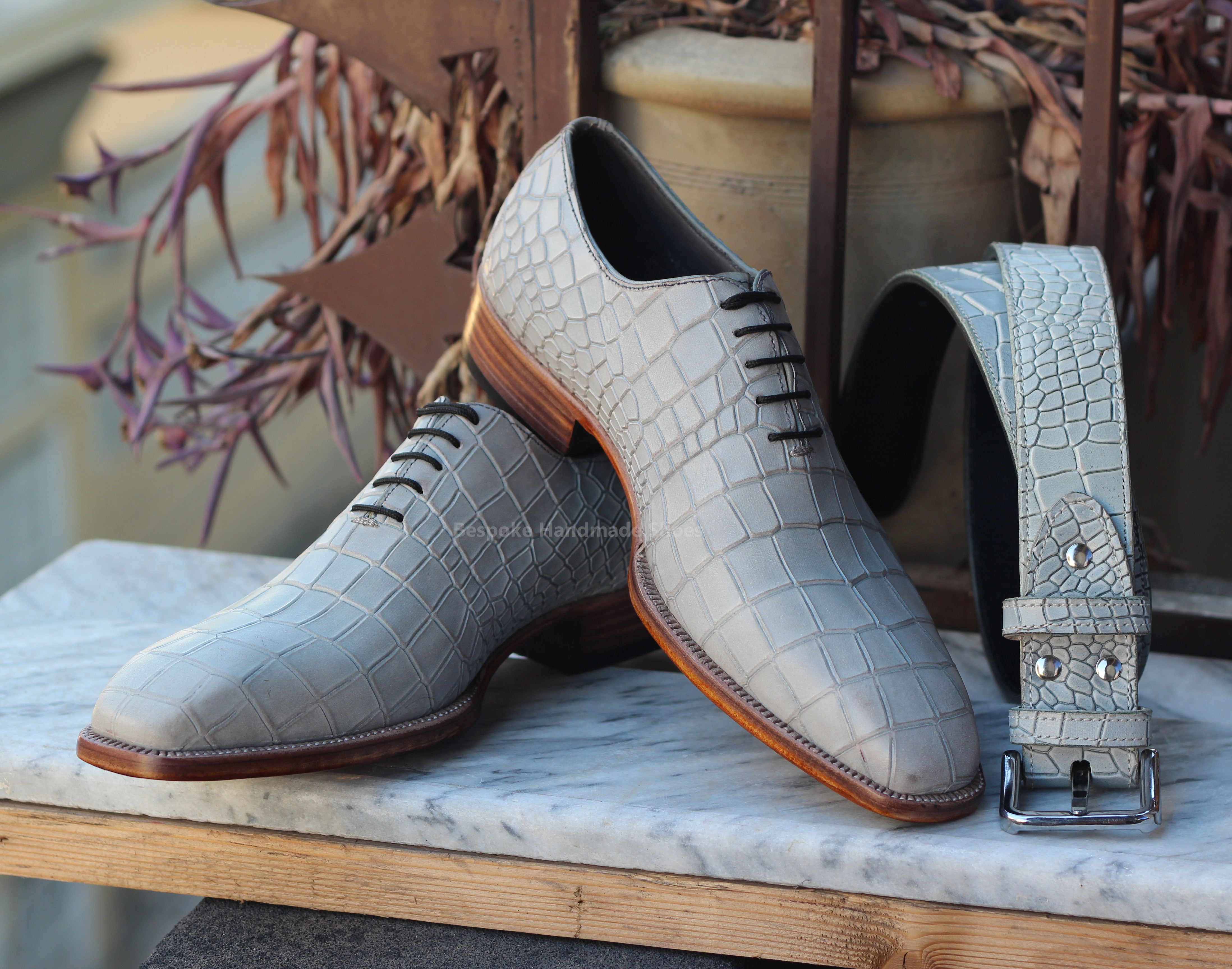 Men’s Alligator Print Leather Oxford Lace up Whole-cut Handmade Shoes