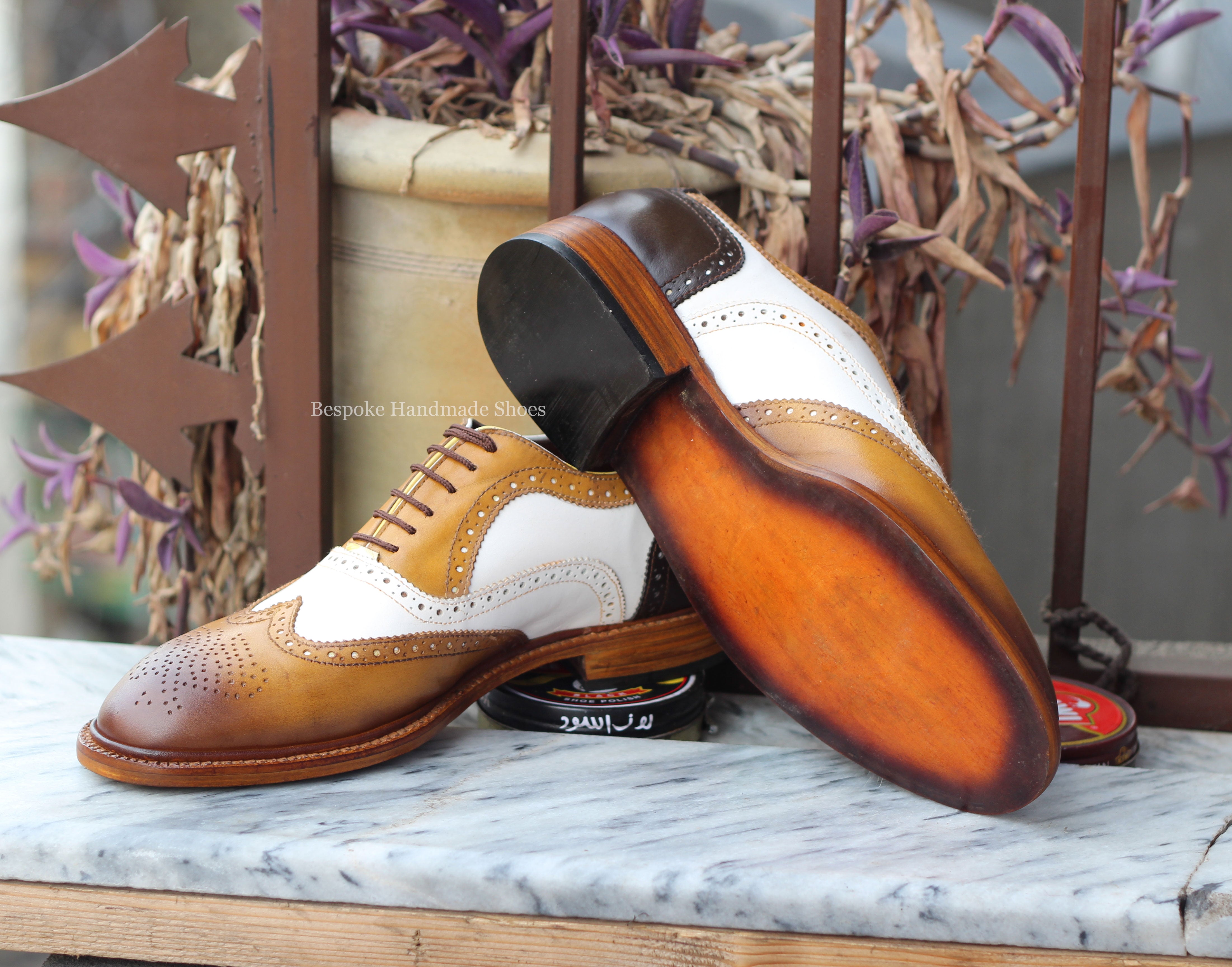 New Men's Handmade Tan, White Leather Oxford Wingtip Brogue Lace-Up Dress Shoes