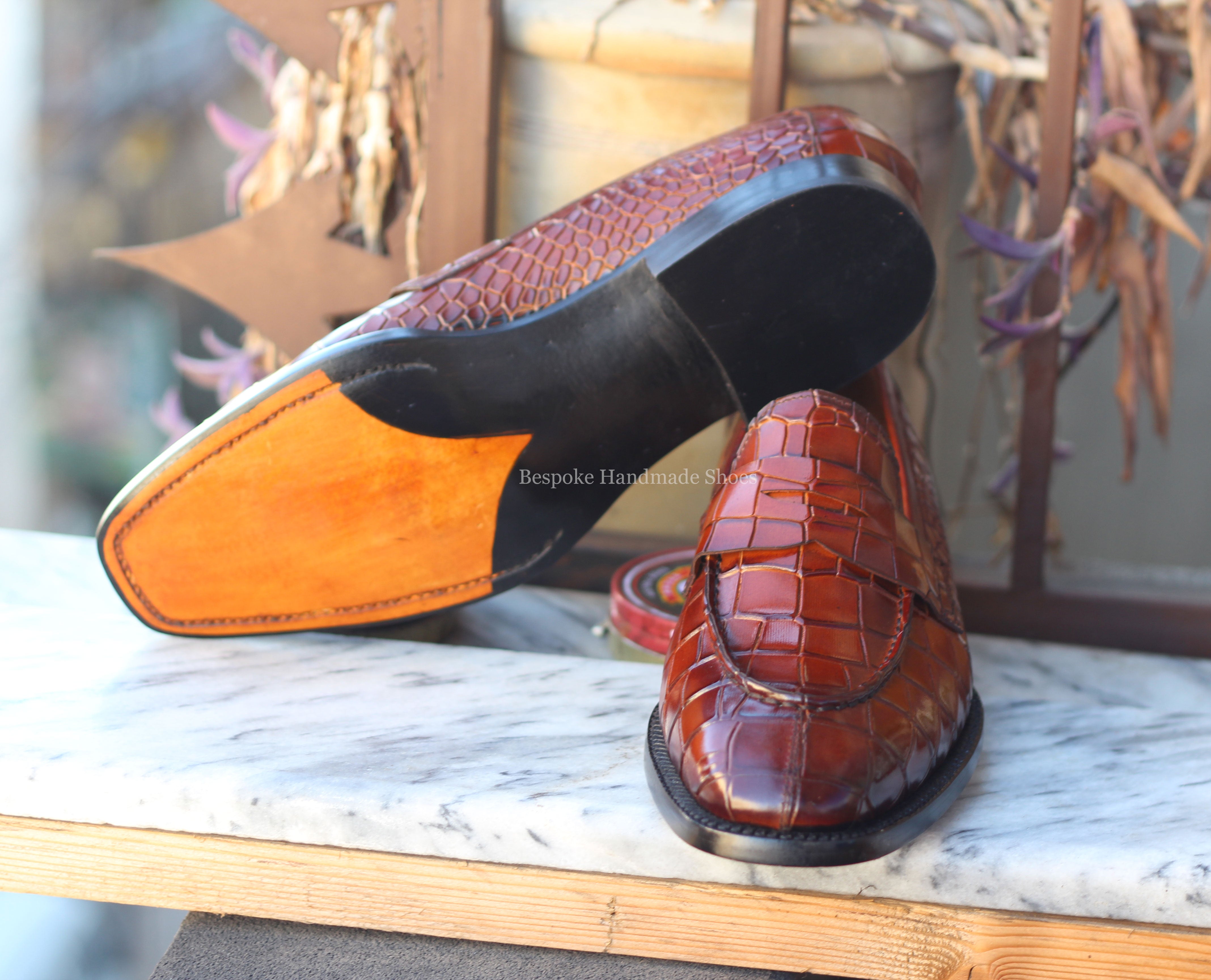 Handmade Men's Red Crocodile Leather Texture Slip On Moccasin Loafer Shoes