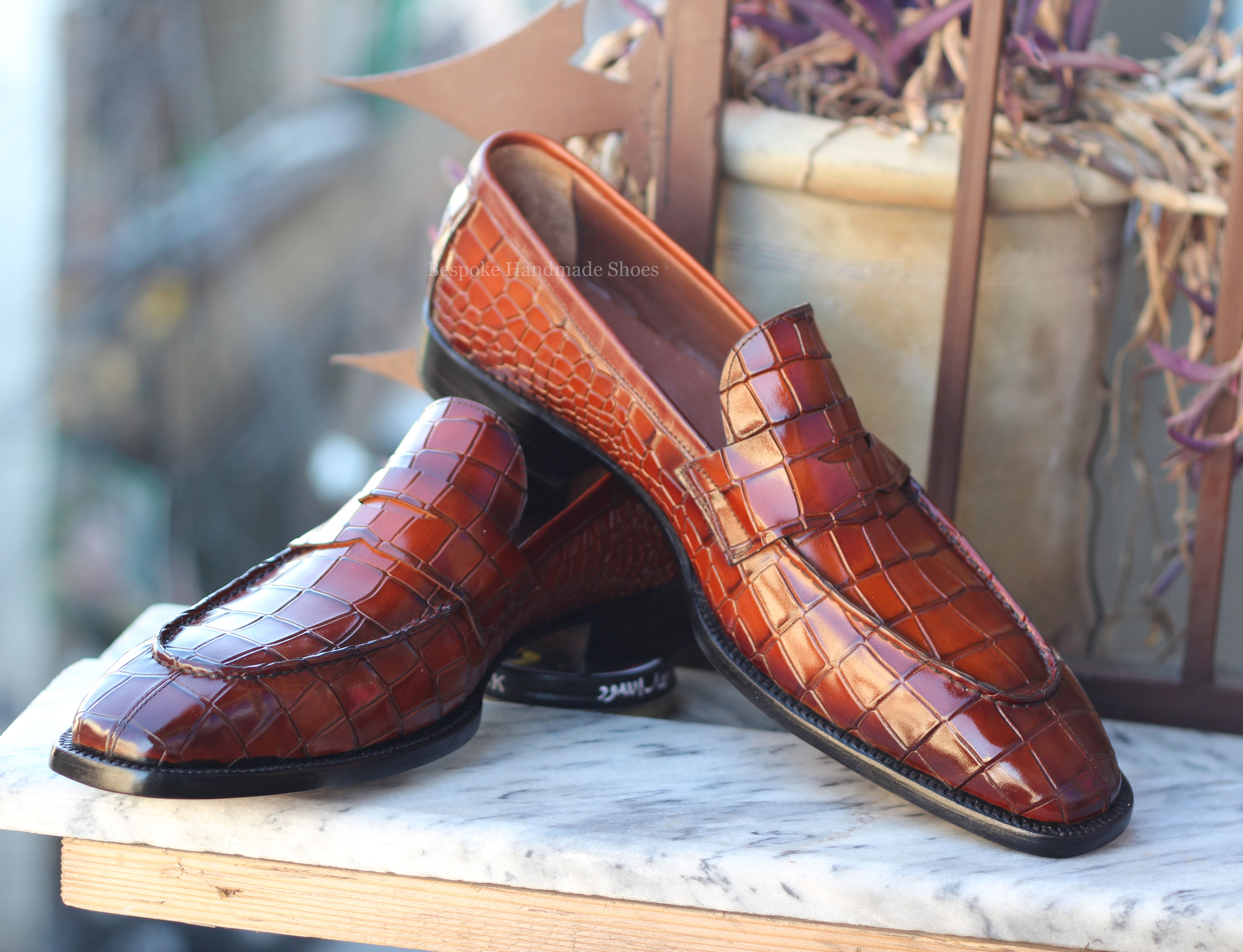 Handmade Men's Red Crocodile Leather Texture Slip On Moccasin Loafer Shoes