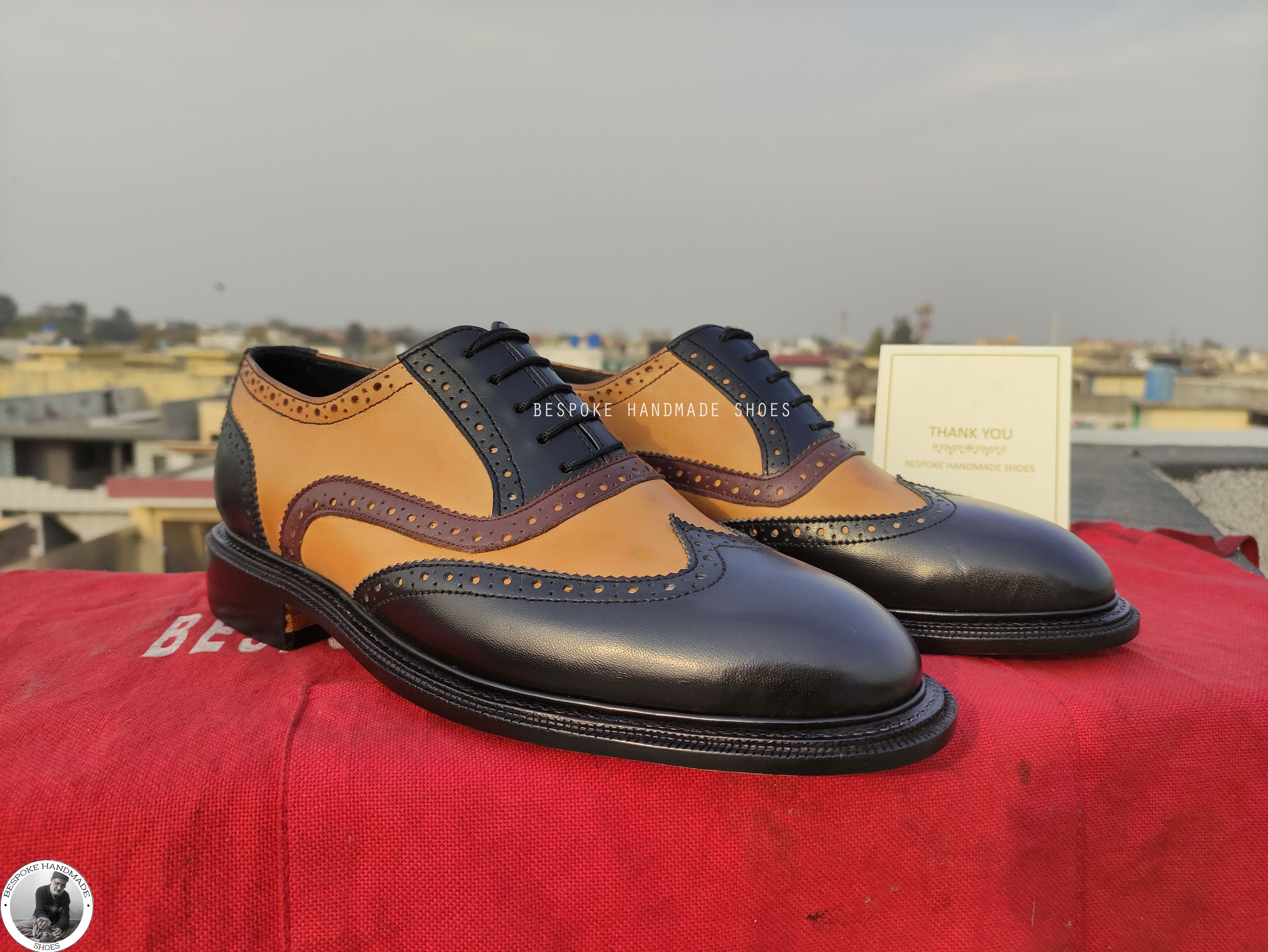 Tailor Made Pure Black & Yellow Leather Oxford Wingtip Lace Up Dress,Formal Men's Shoes