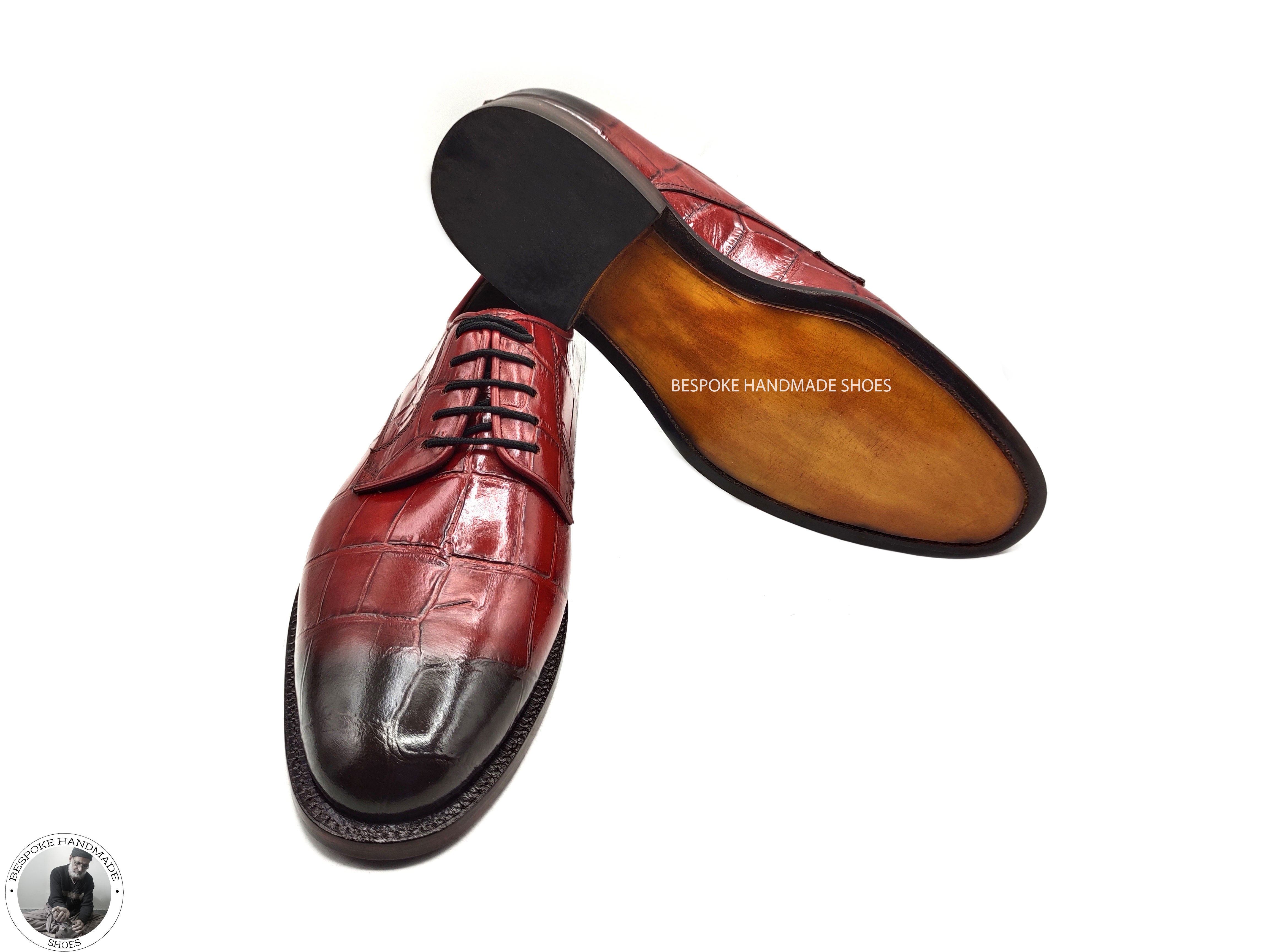 Bespoke Red Crocodile Print Leather Black Shaded Derby Lace Up Formal Handmade Men Shoes