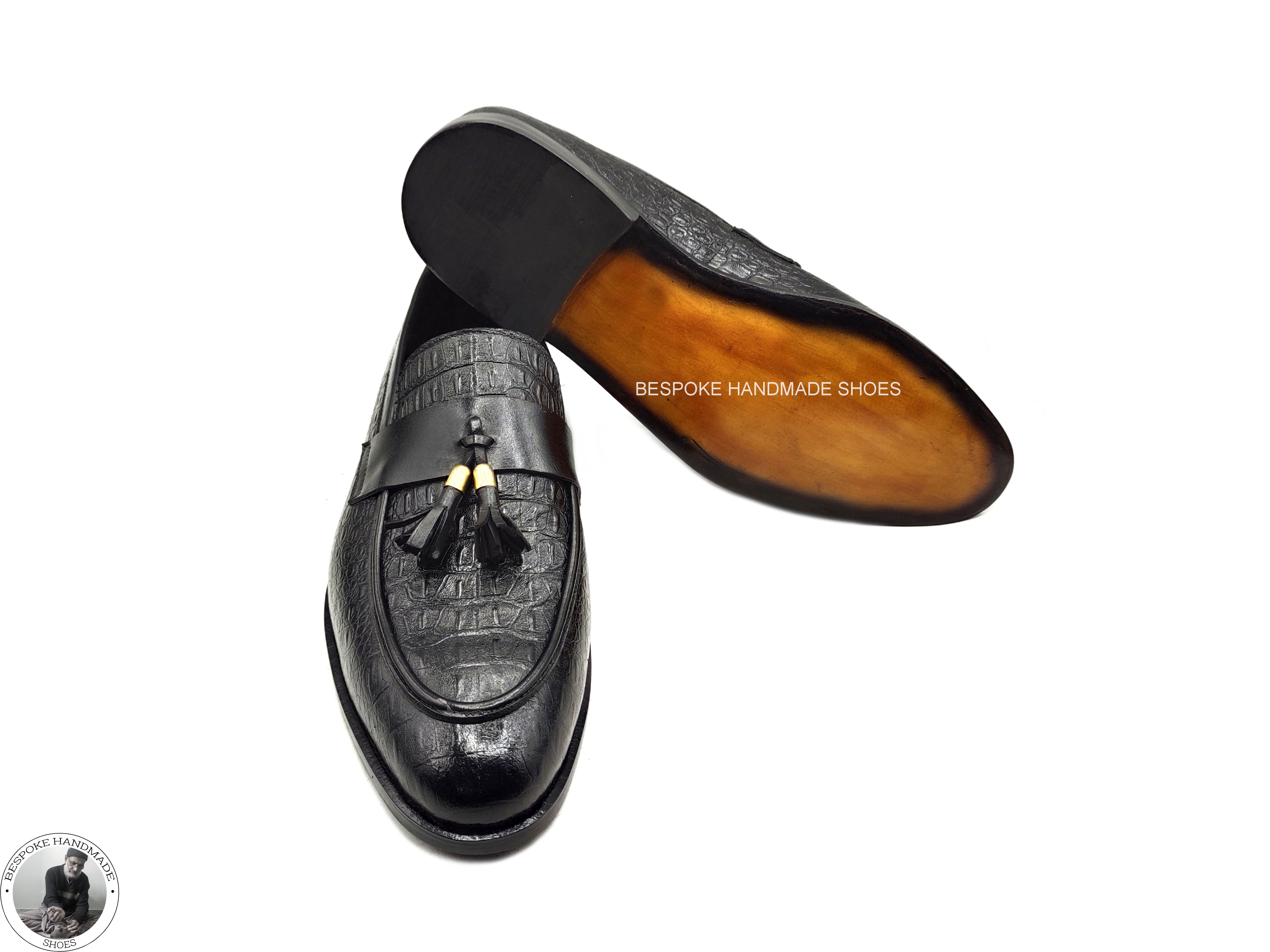 Handmade Genuine Black Pure Leather Alligator Print Loafer Moccasin Slip on Leather Tassels Fashion Shoes For Men