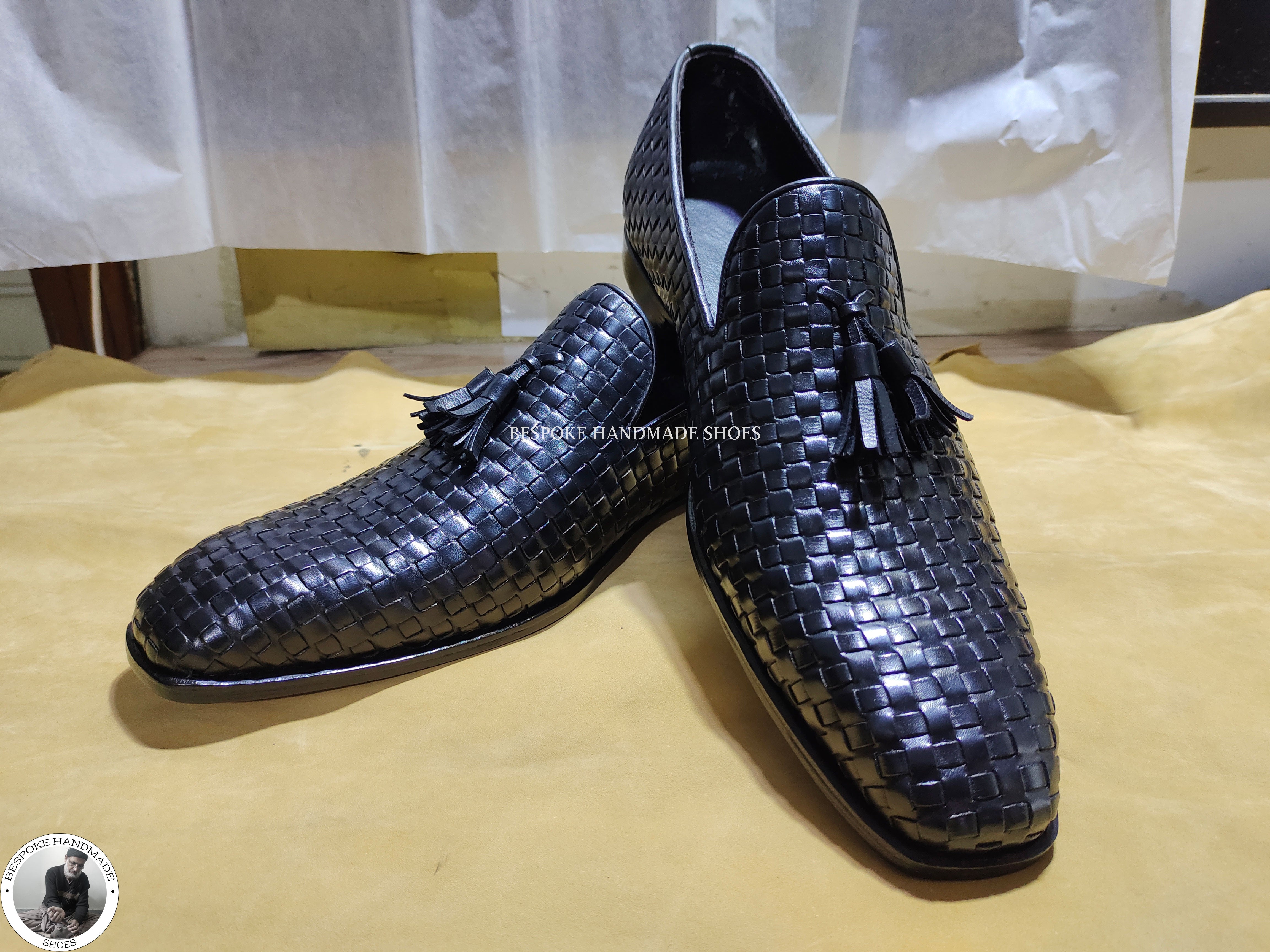 Bespoke Handmade Dress Shoes, Men’s Black Woven Leather Tassels Moccasin Slip on Formal Shoes