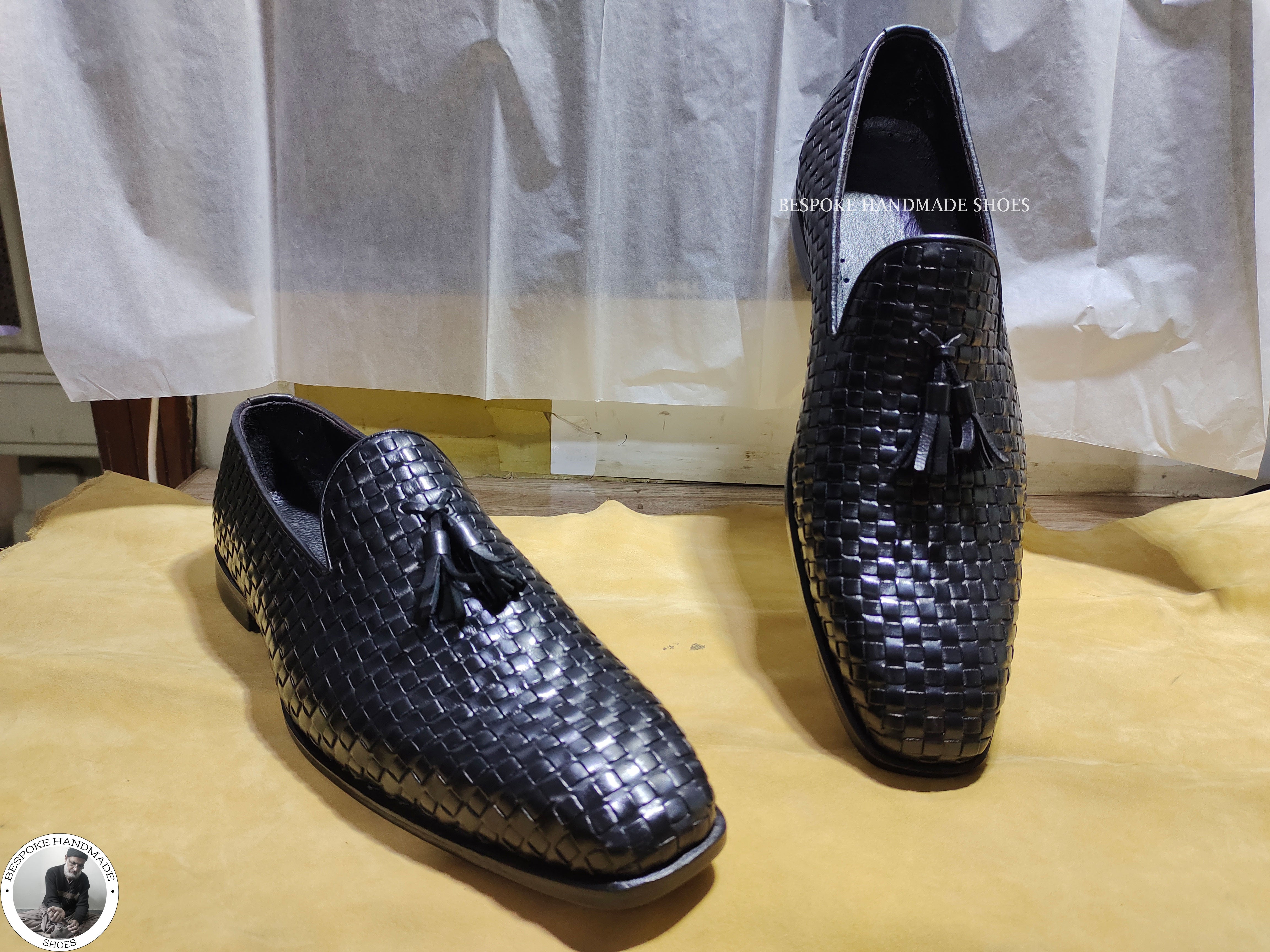 Bespoke Handmade Dress Shoes, Men’s Black Woven Leather Tassels Moccasin Slip on Formal Shoes