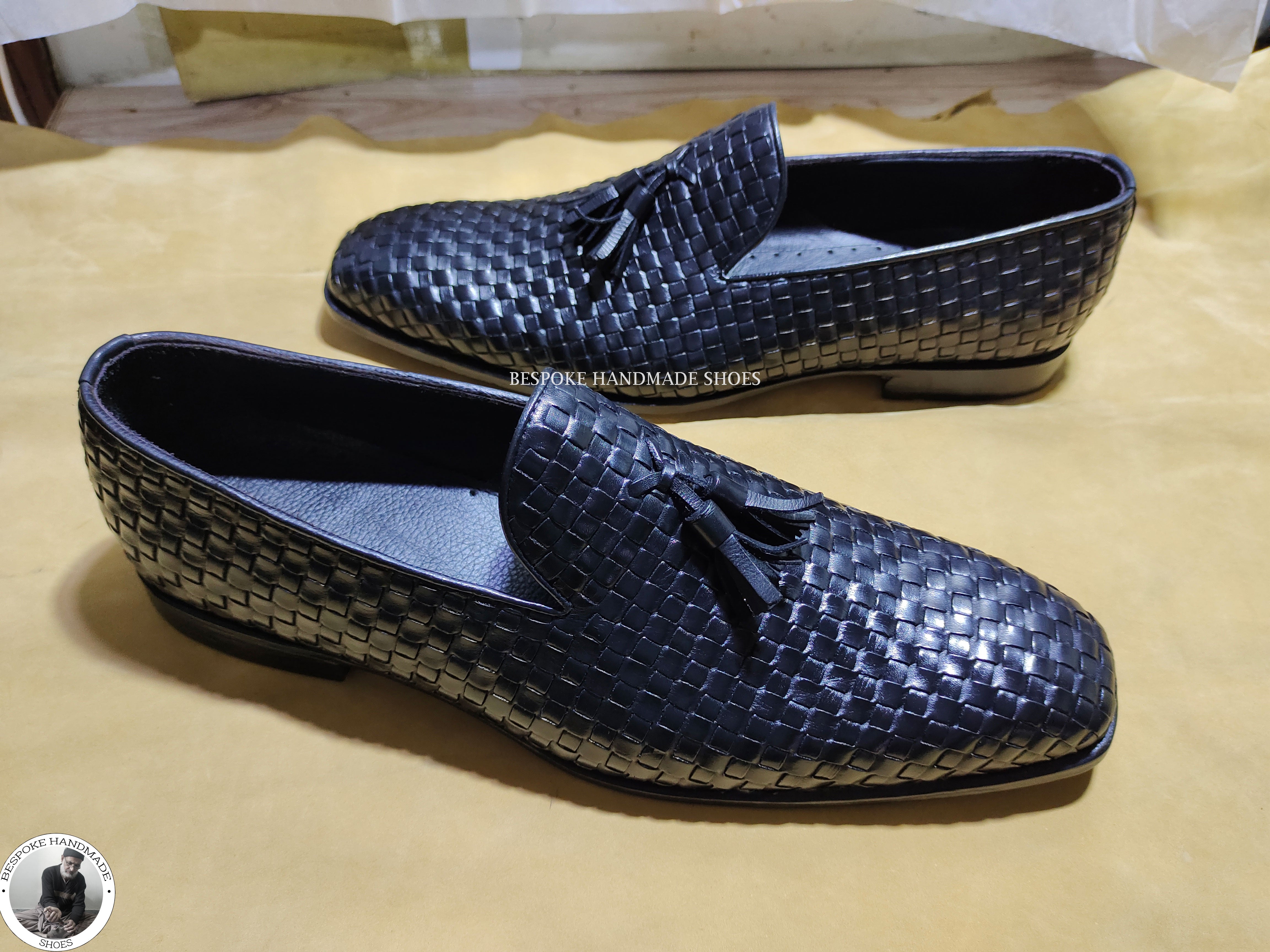 Bespoke Handmade Dress Shoes, Men’s Black Woven Leather Tassels Moccasin Slip on Formal Shoes