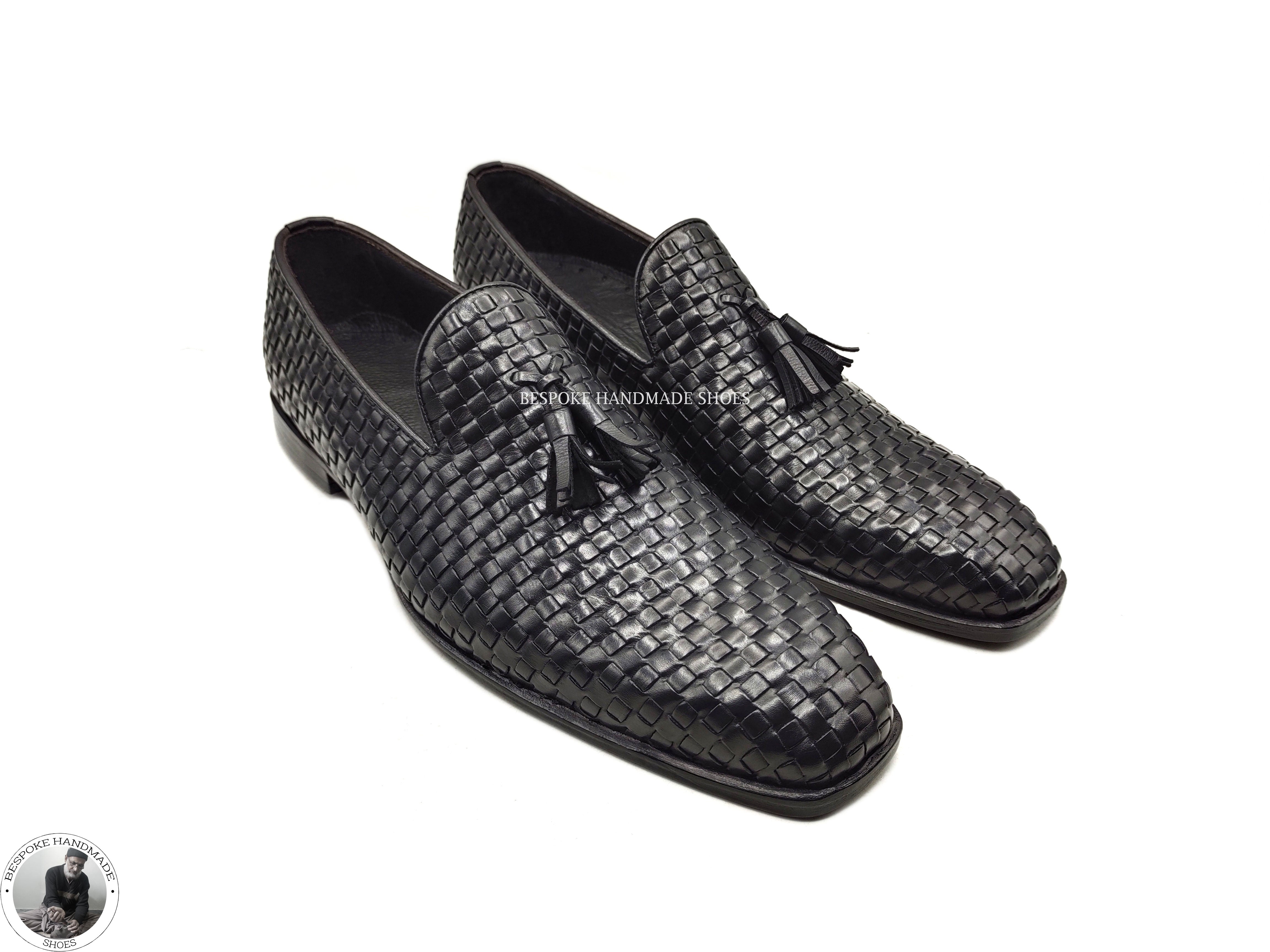 Bespoke Handmade Dress Shoes, Men’s Black Woven Leather Tassels Moccasin Slip on Formal Shoes