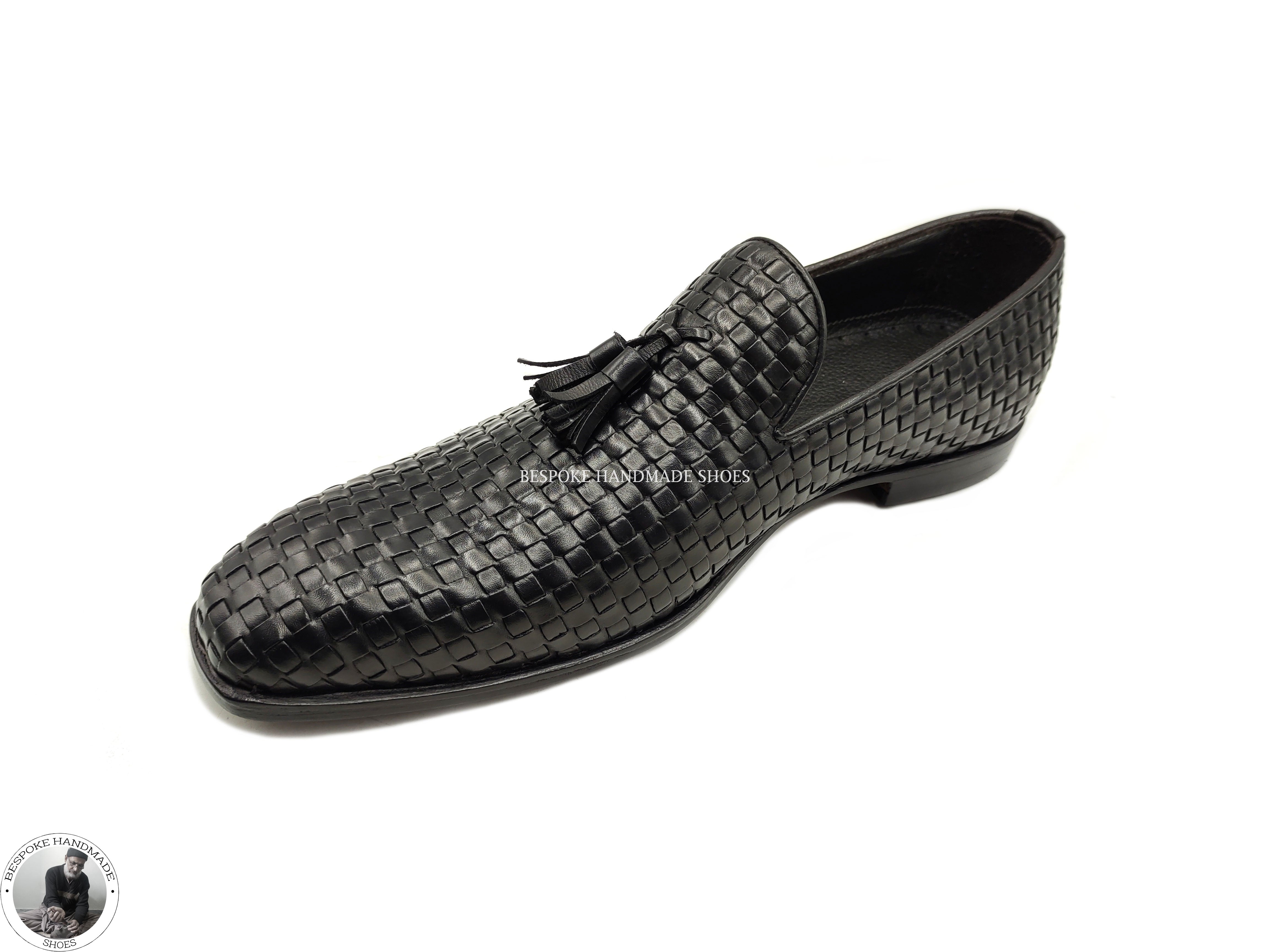 Bespoke Handmade Dress Shoes, Men’s Black Woven Leather Tassels Moccasin Slip on Formal ShoesBespoke Handmade Dress Shoes, Men’s Black Woven Leather Tassels Moccasin Slip on Formal Shoes