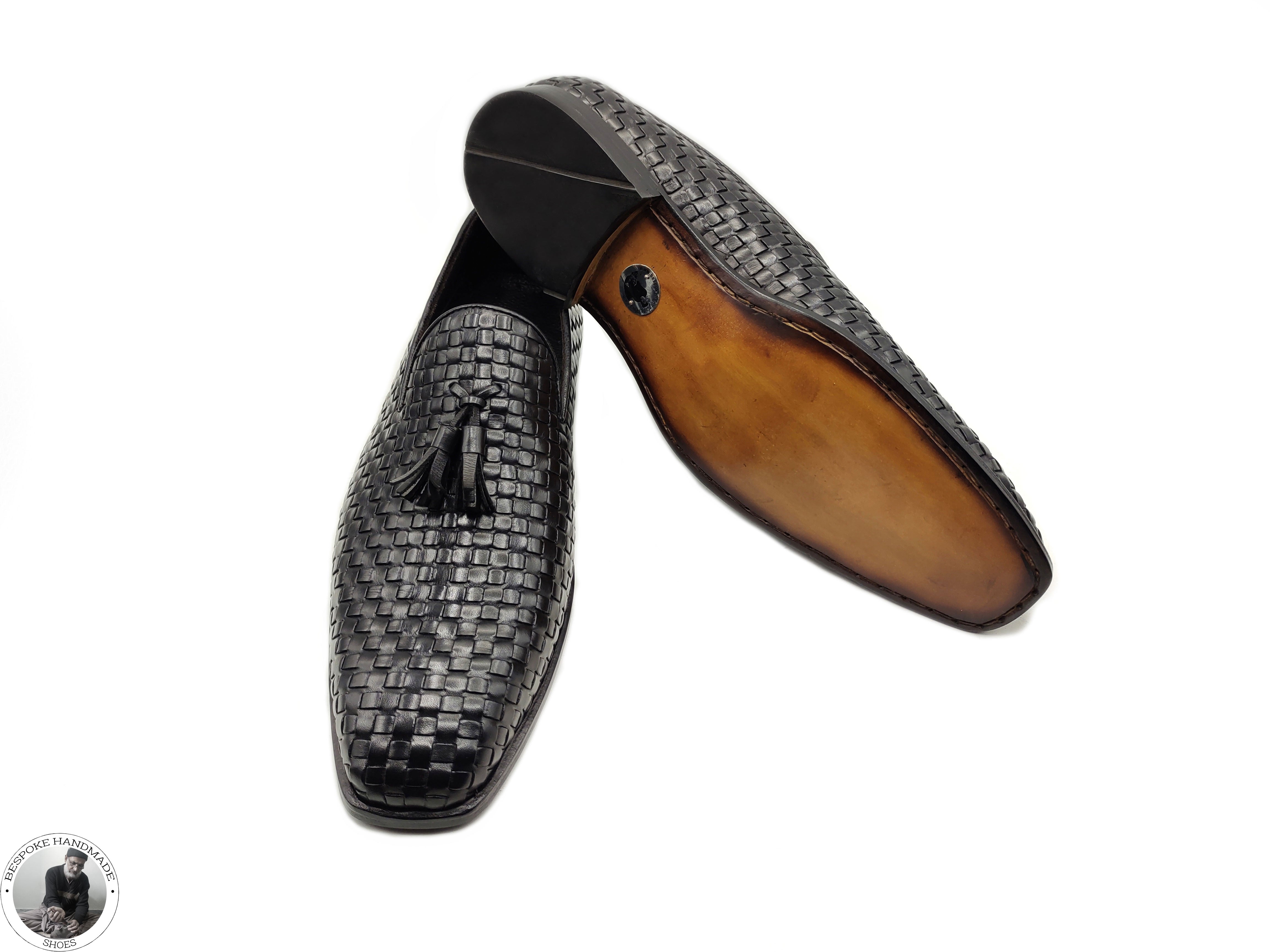 Bespoke Handmade Dress Shoes, Men’s Black Woven Leather Tassels Moccasin Slip on Formal Shoes