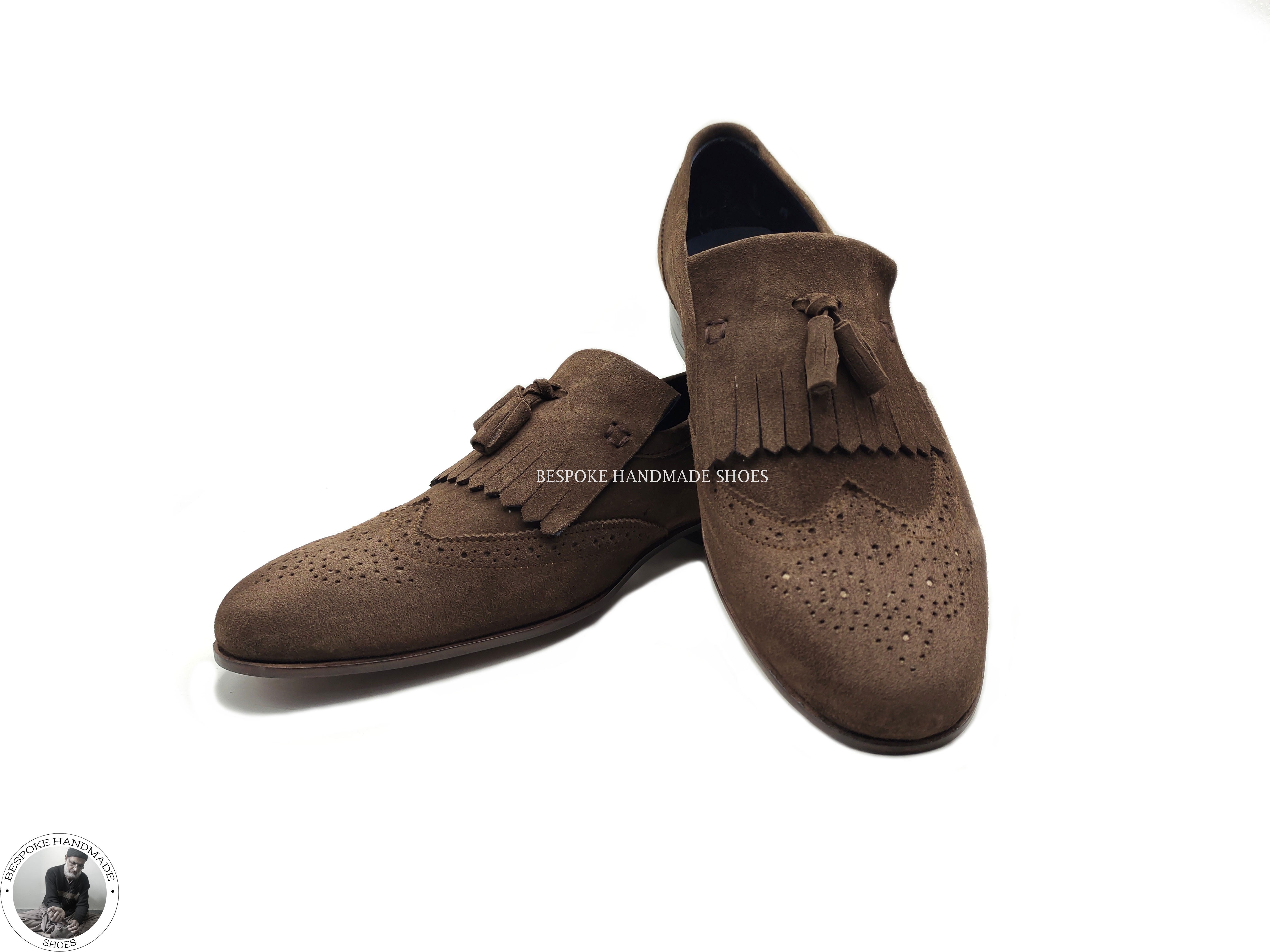 Bespoke Men's, Real Brown Suede Wingtip Brogue Slip on Leather Tassels Unique ShoesBespoke Men's, Real Brown Suede Wingtip Brogue Slip on Leather Tassels Unique Shoes