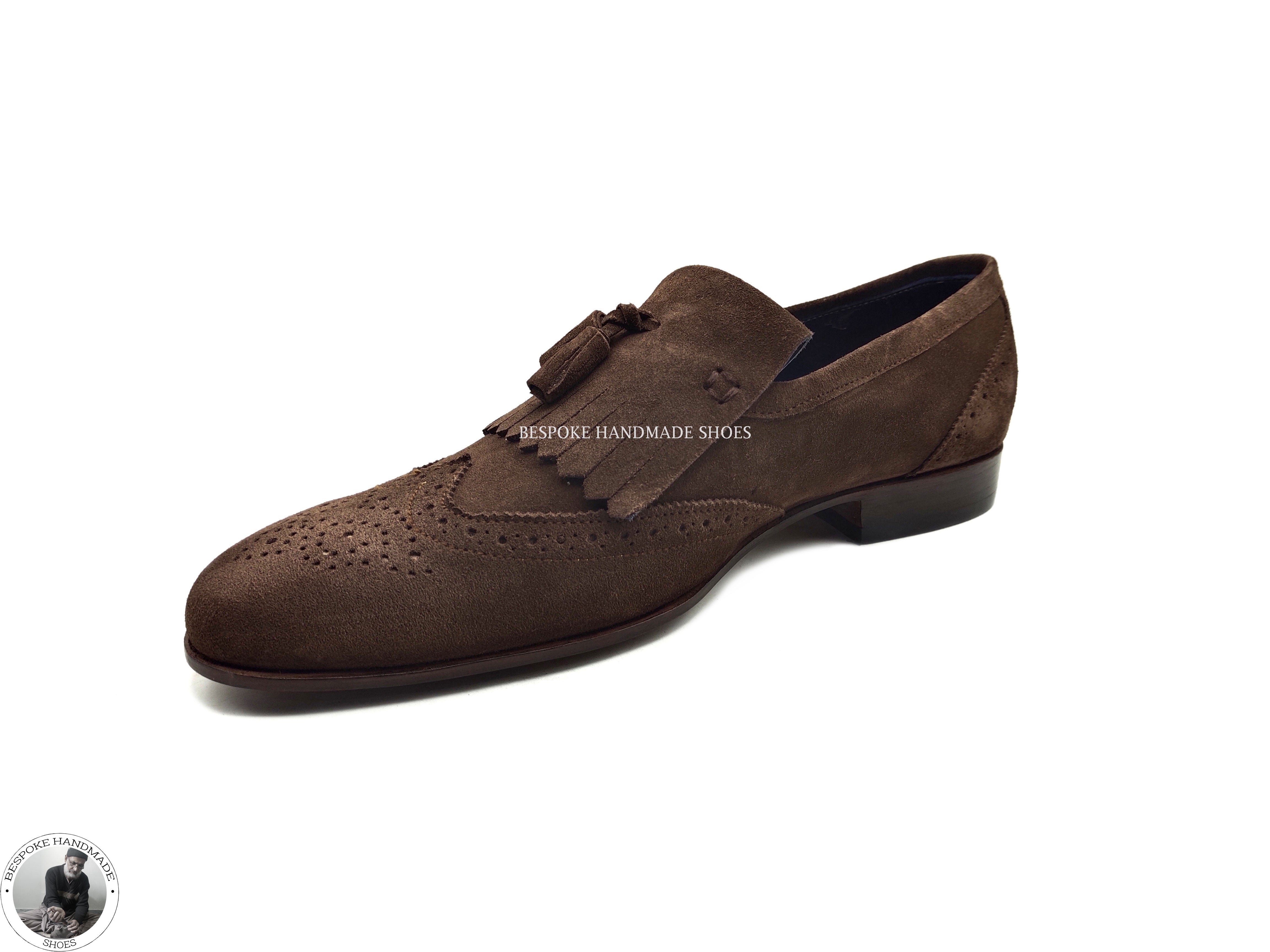 Bespoke Men's, Real Brown Suede Wingtip Brogue Slip on Leather Tassels Unique Shoes