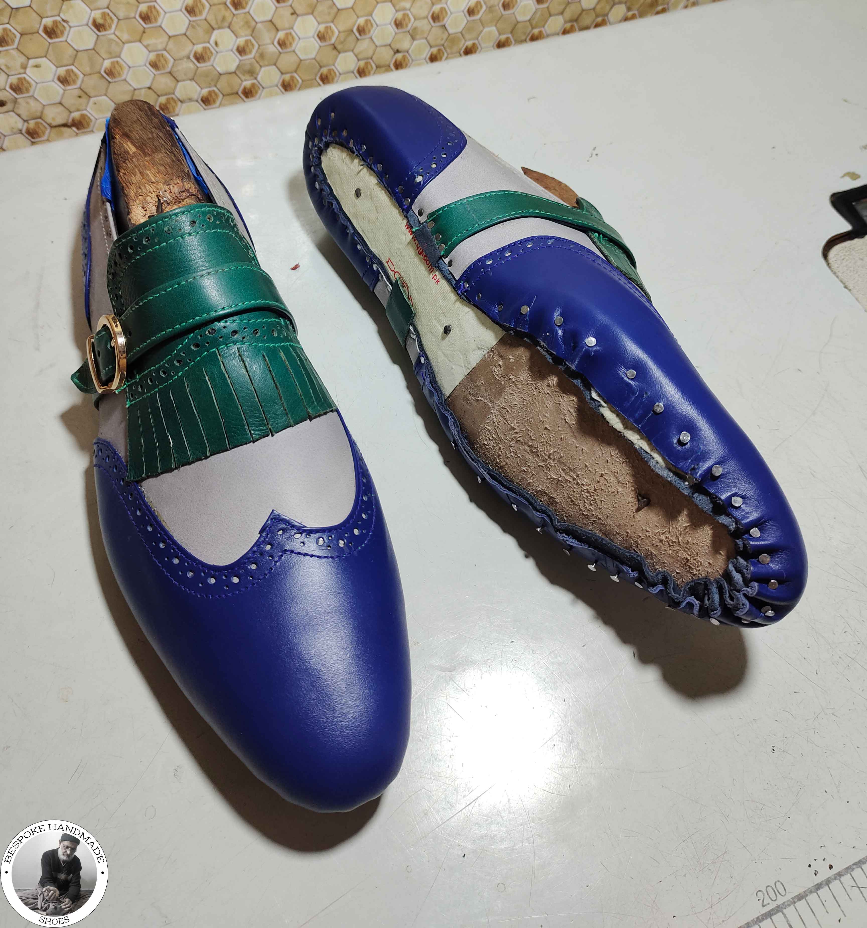 Men's Handmade Three Tone Leather Wingtip , Single Monk Strap Formal Shoe