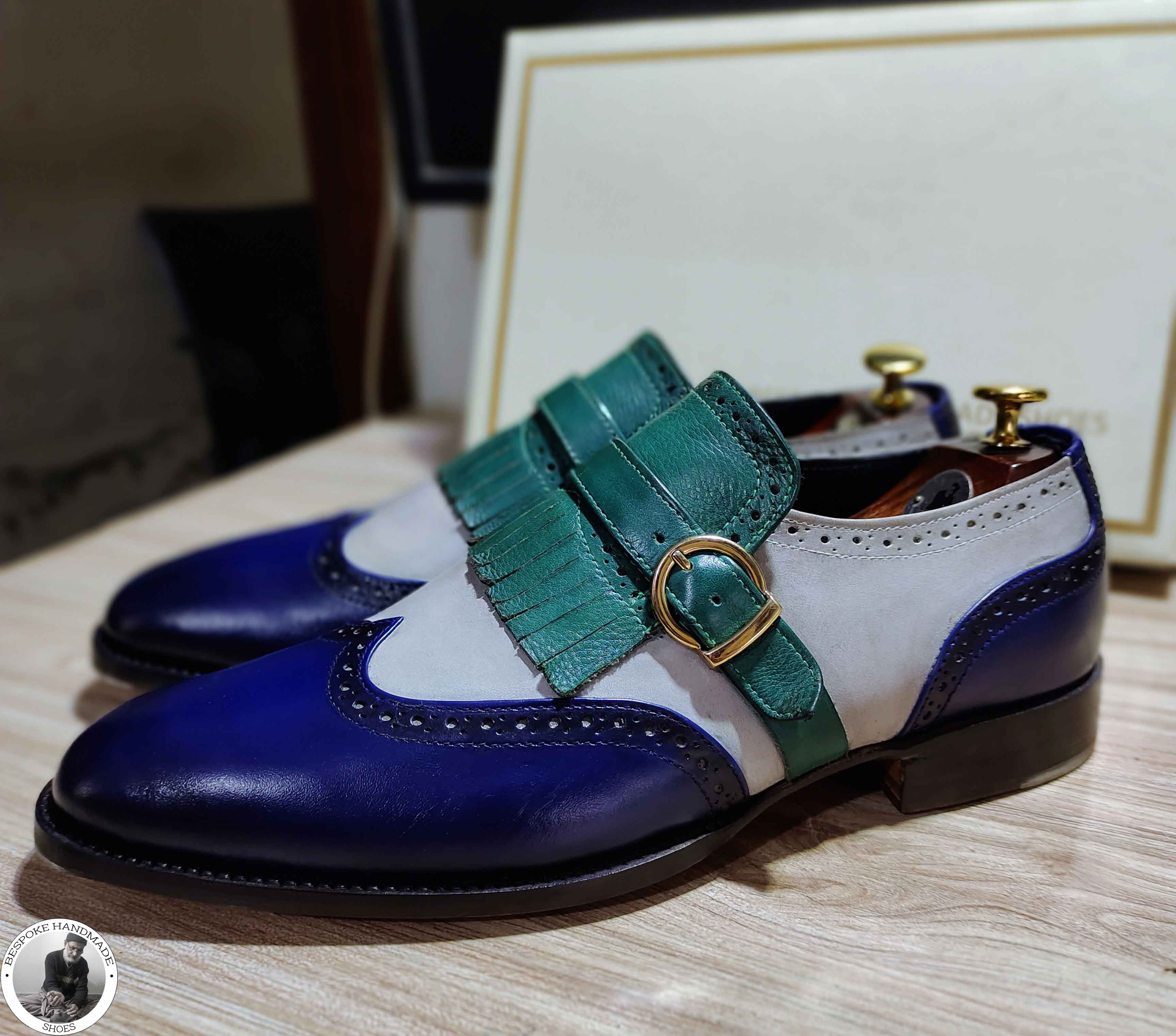 Men's Handmade Three Tone Leather Wingtip , Single Monk Strap Formal Shoe