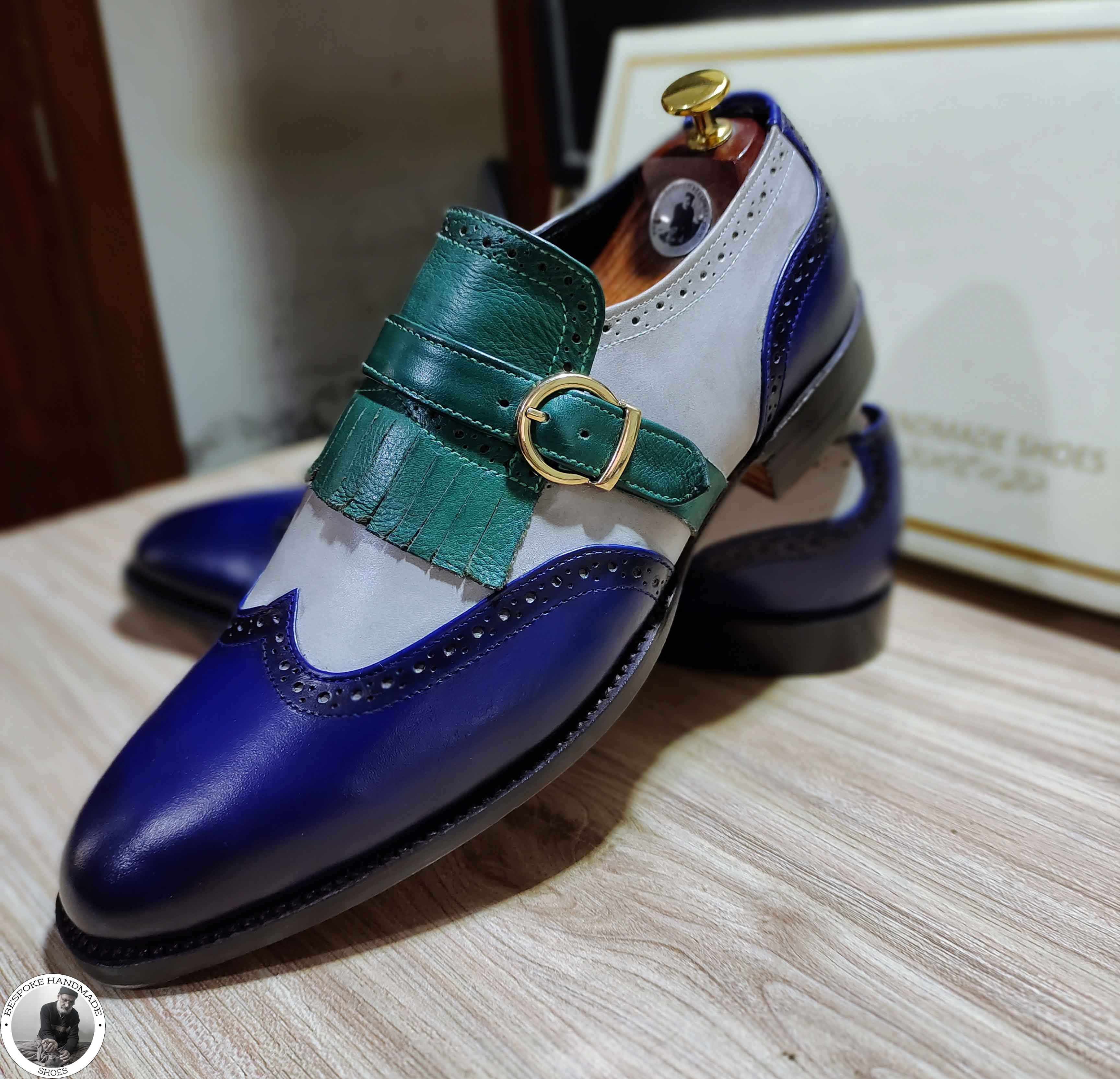 Men's Handmade Three Tone Leather Wingtip , Single Monk Strap Formal Shoe