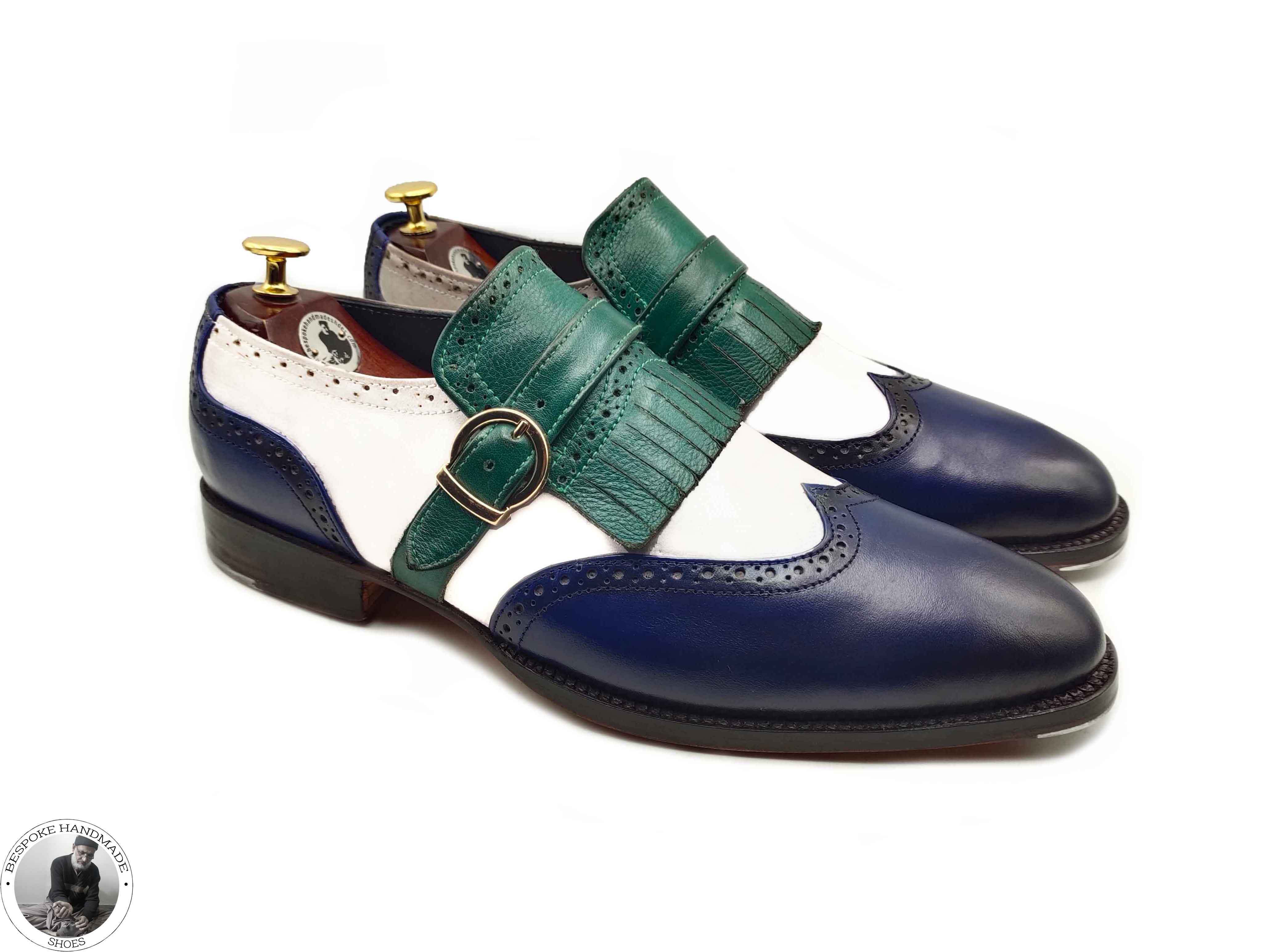 Men's Handmade Three Tone Leather Wingtip , Single Monk Strap Formal Shoe
