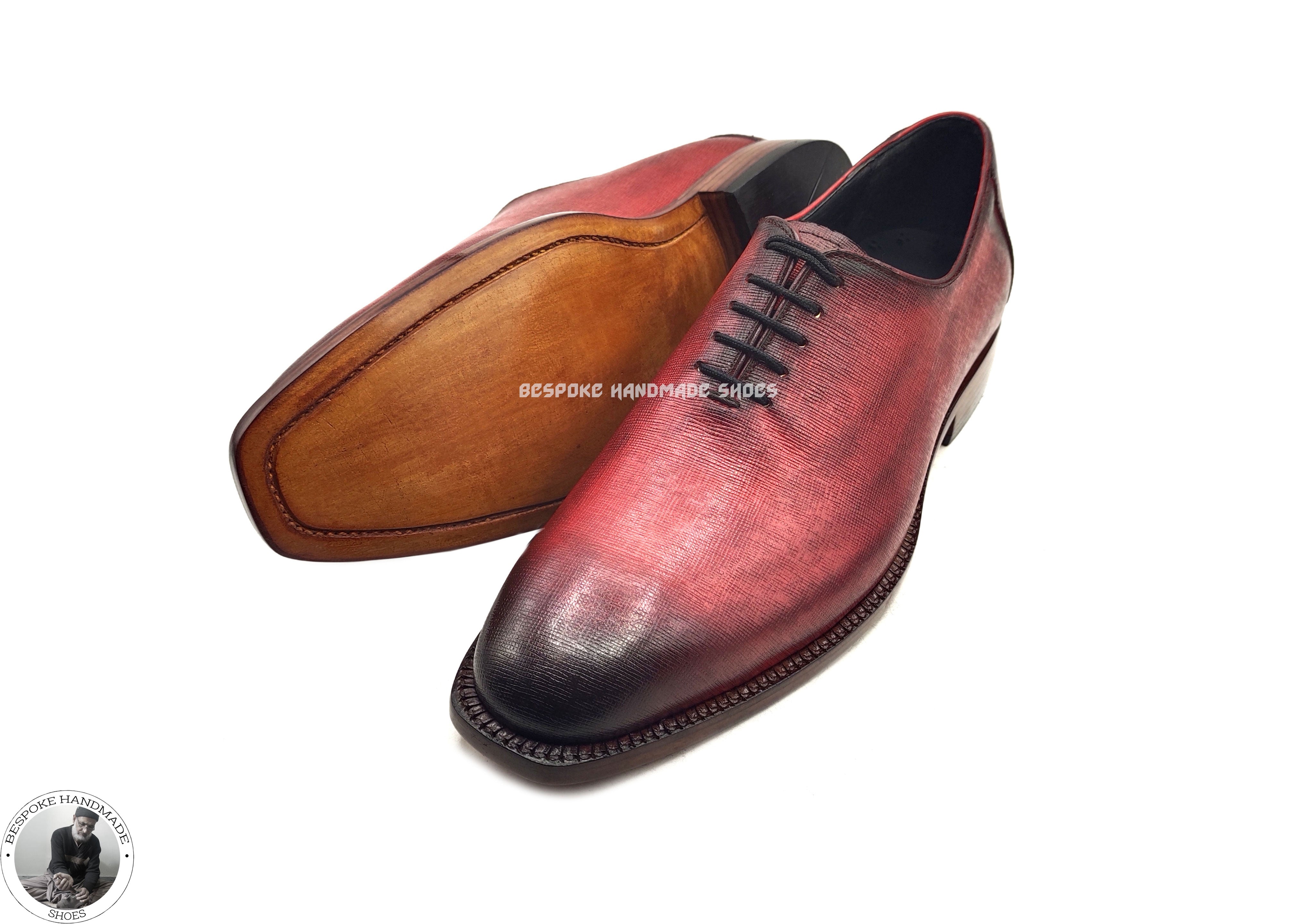 Men's Handmade Shoes, Hand Painted Red Leather Black Shaded Lace up Oxford Dress Shoes.