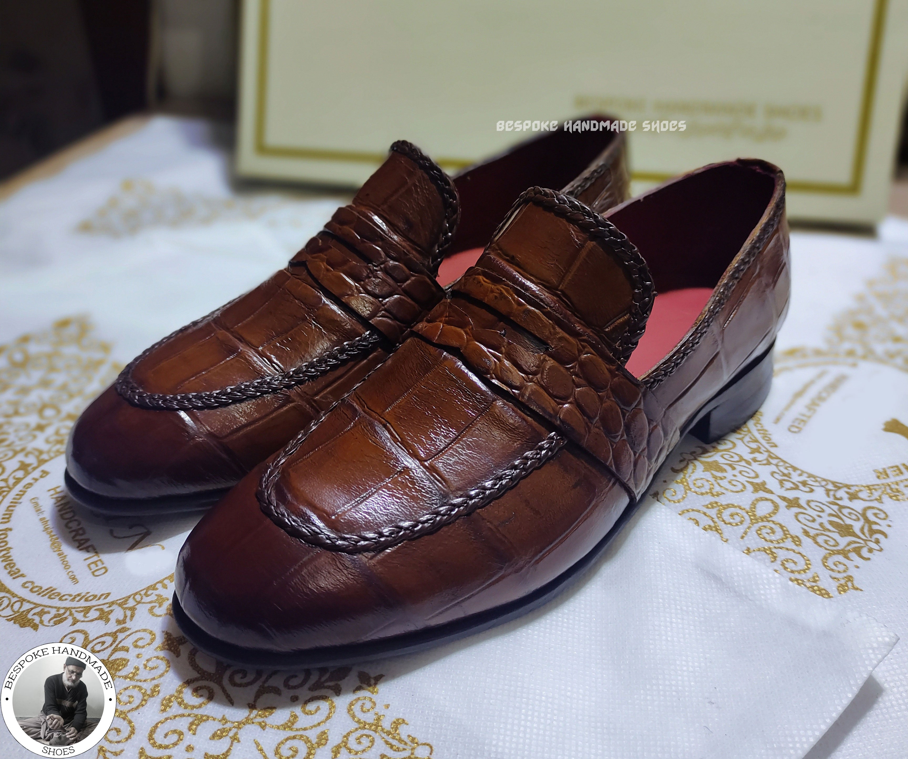 Bespoke Pure Handmade Brown Alligator Leather textured slip on Oxford Shoes For Men, Elegant Shoes For Men