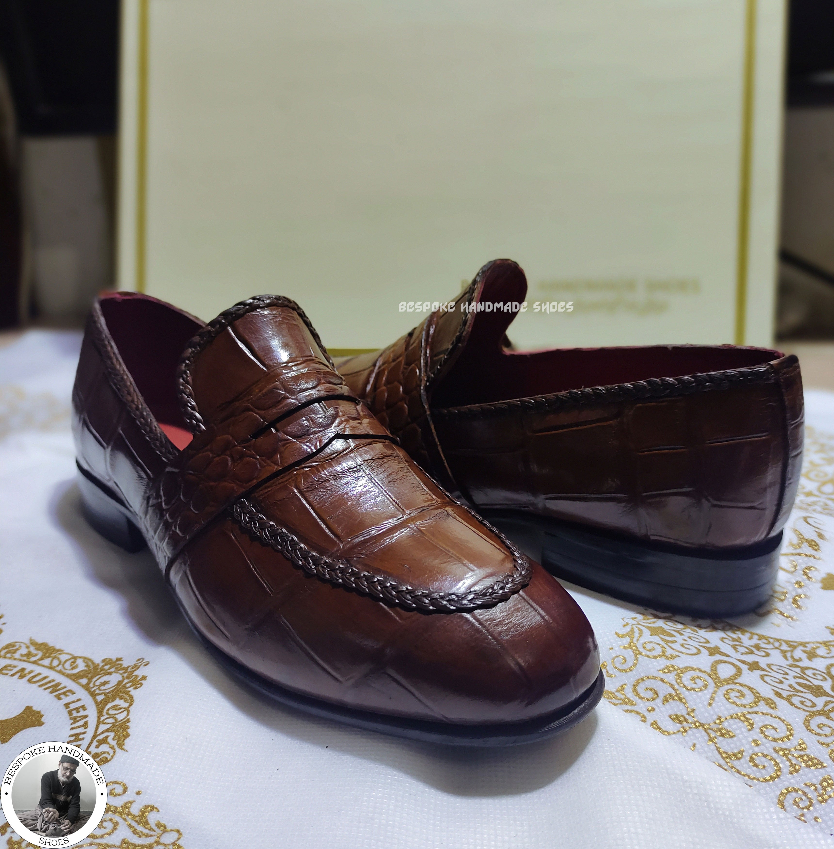 Bespoke Pure Handmade Brown Alligator Leather textured slip on Oxford Shoes For Men, Elegant Shoes For Men