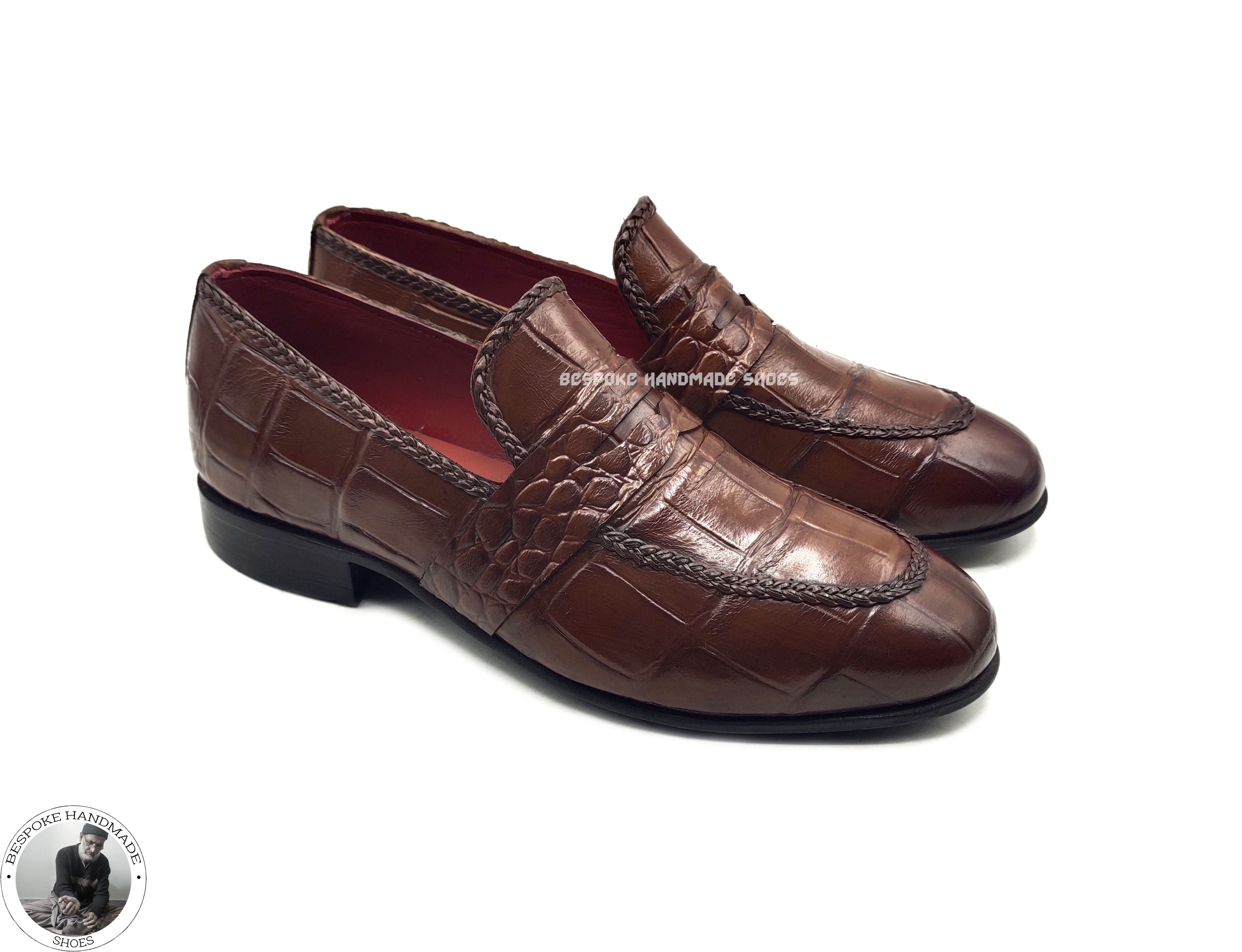 Bespoke Pure Handmade Brown Alligator Leather textured slip on Oxford Shoes For Men, Elegant Shoes For Men