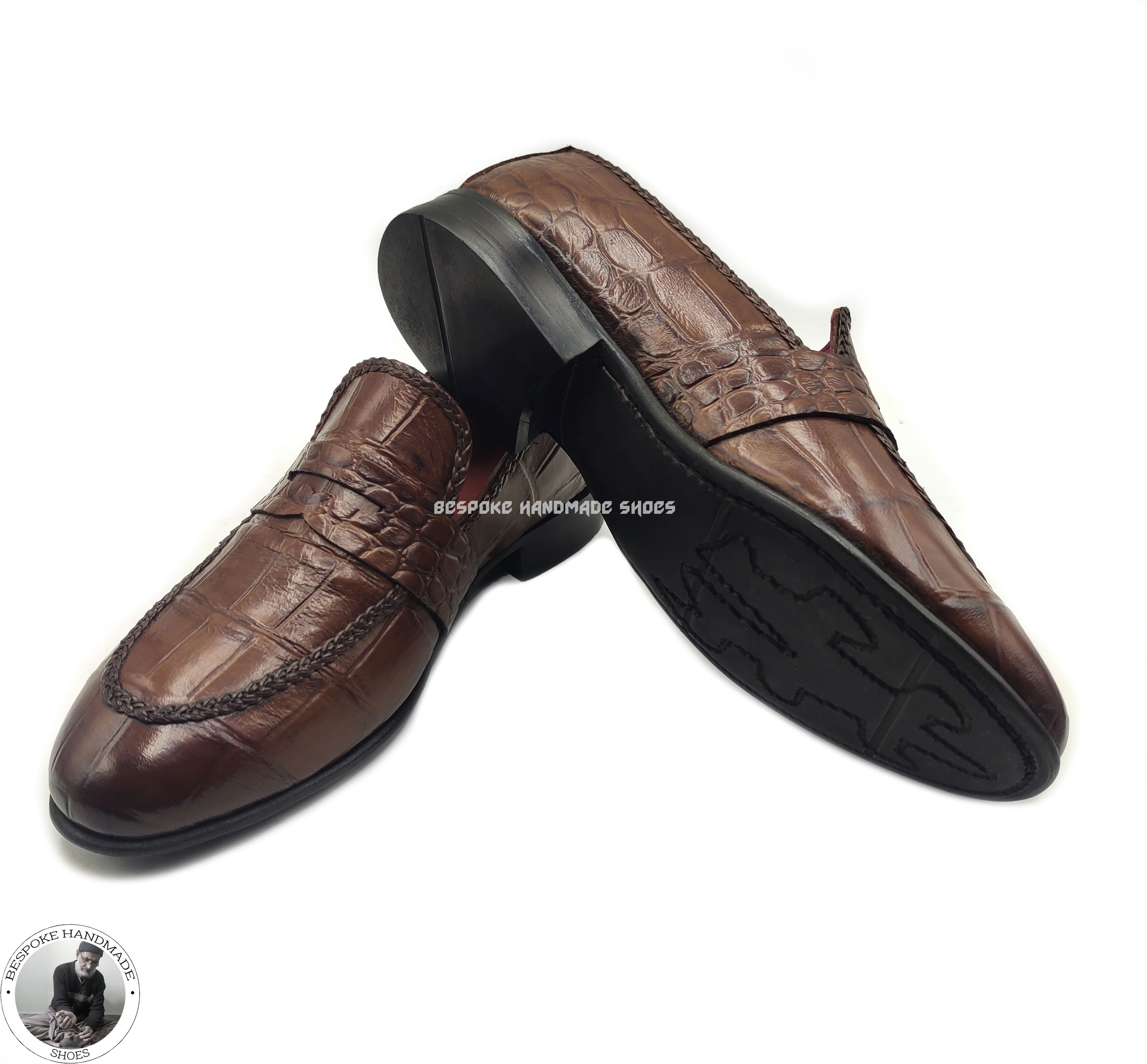 Bespoke Pure Handmade Brown Alligator Leather textured slip on Oxford Shoes For Men, Elegant Shoes For Men
