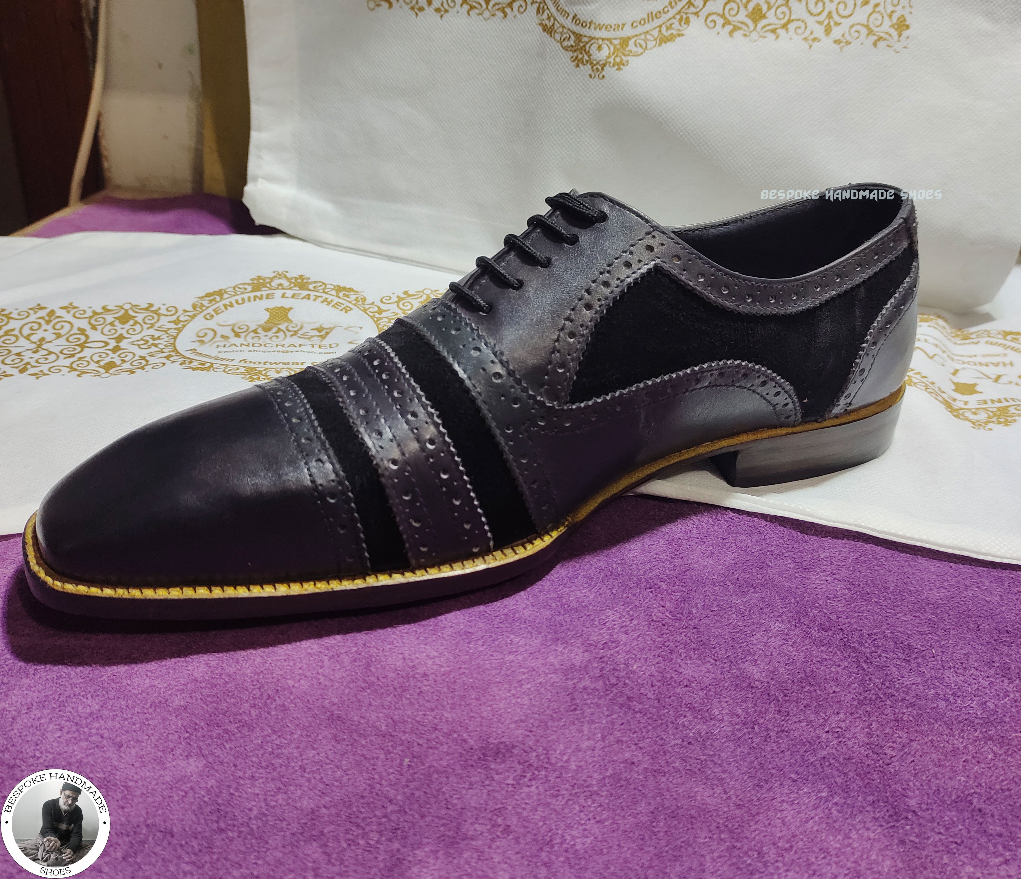 Men's Fashion Grey Leather Black Suede Oxford Lace up Cap Toe Dress Shoe