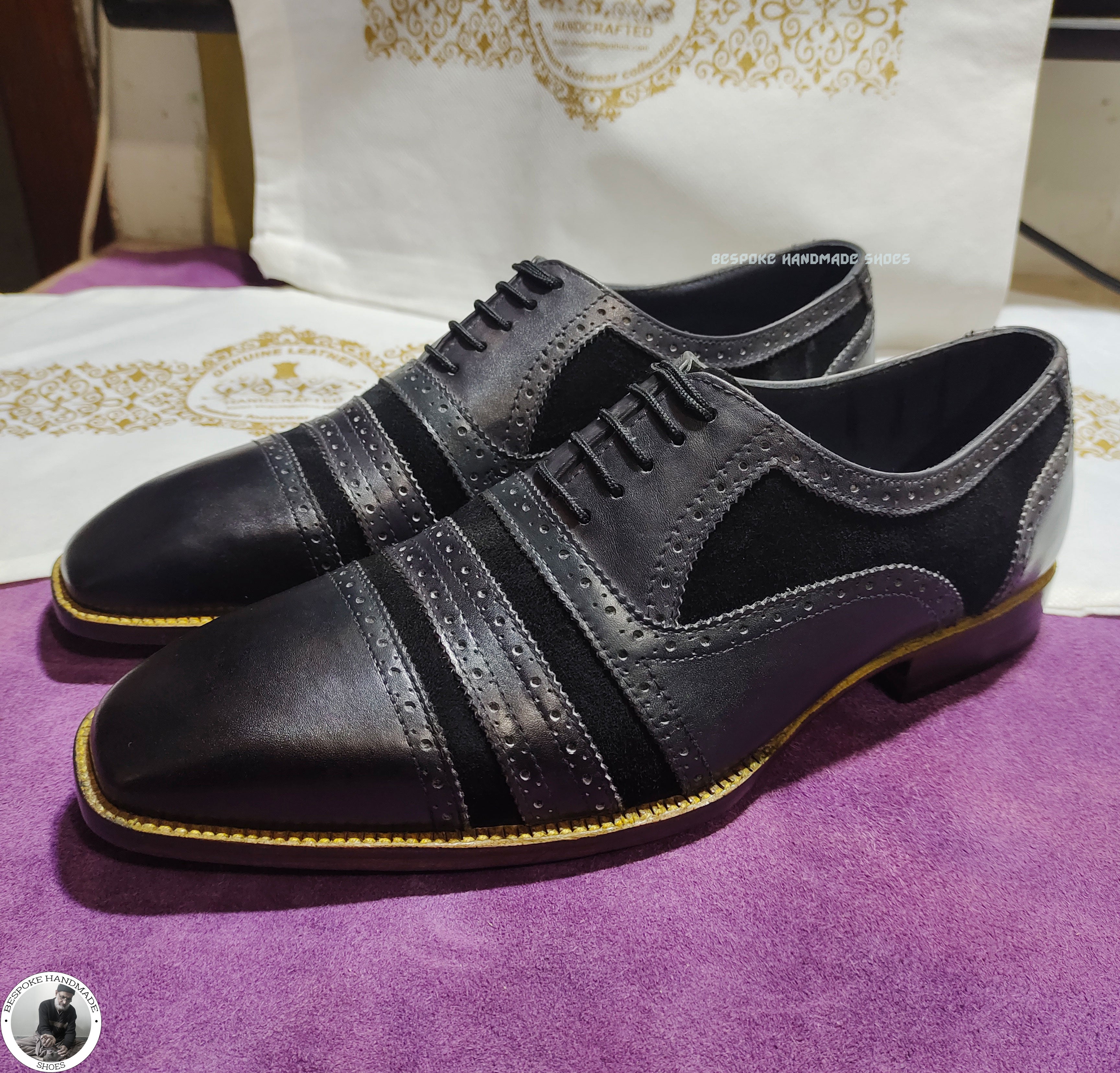 Men's Fashion Grey Leather Black Suede Oxford Lace up Cap Toe Dress Shoe