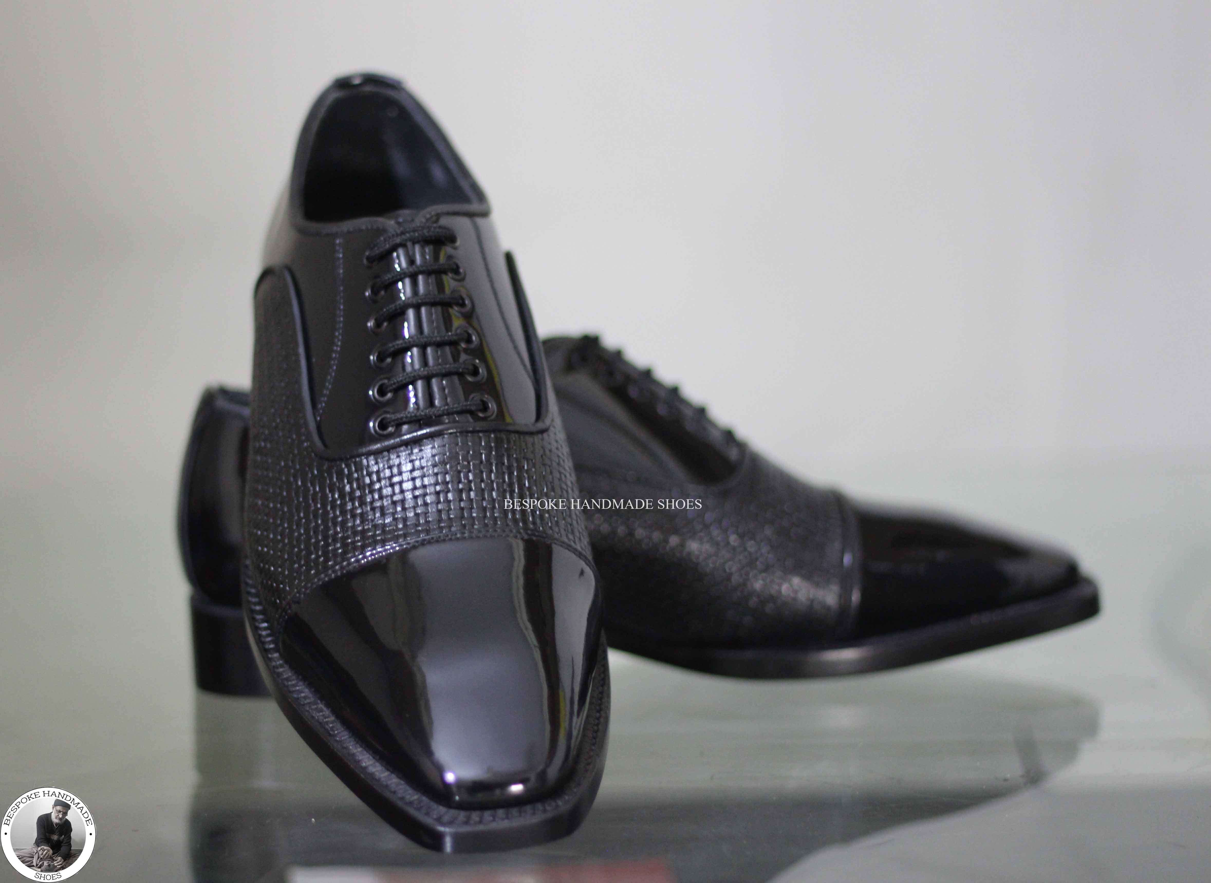 New Men's Handmade Black Leather Animal Print Oxford Toe Cap Patent Dress Shoes For Men's