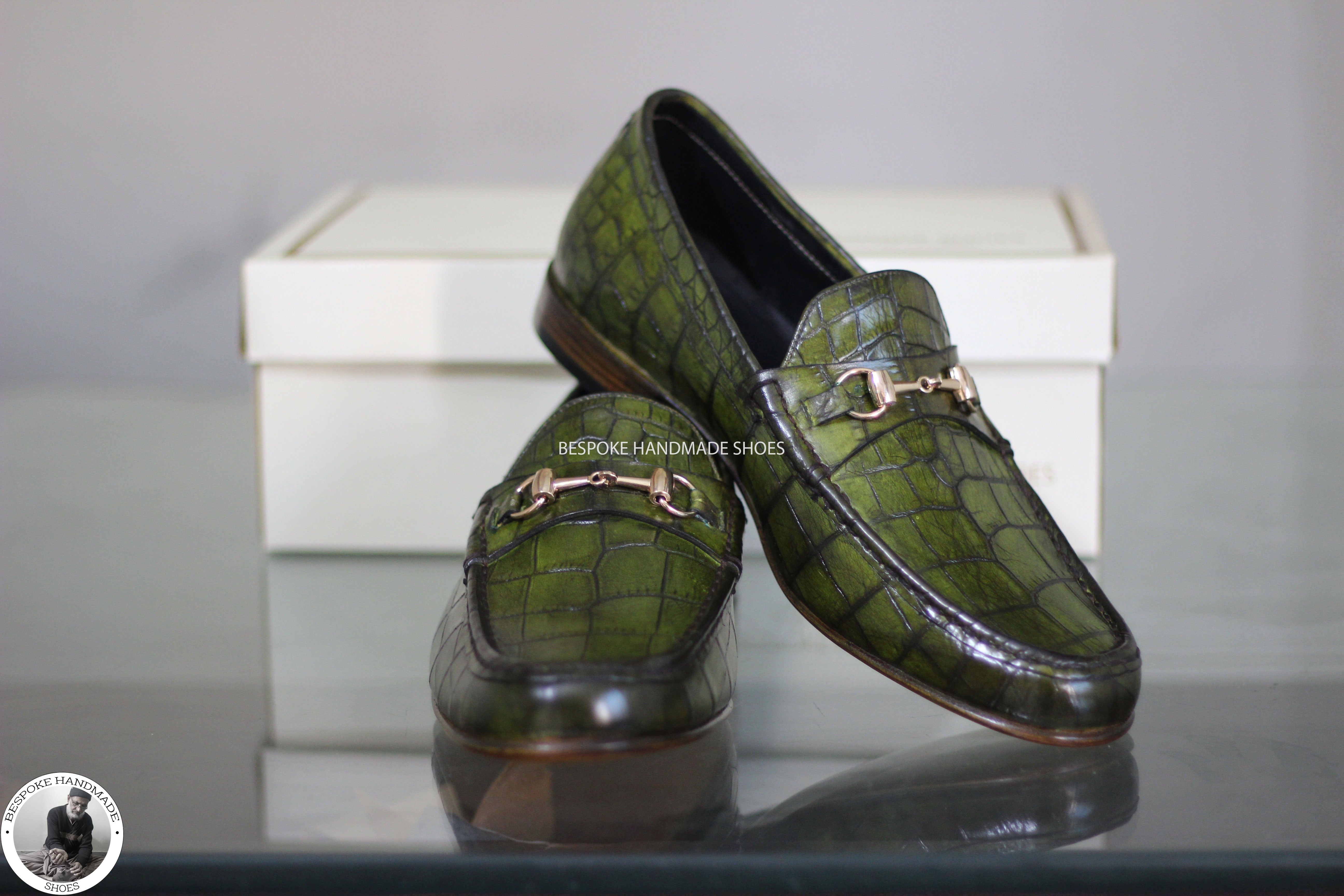 New Handmade Bespoke Genuine Olive Green Leather Slip on Loafers Style Shoes