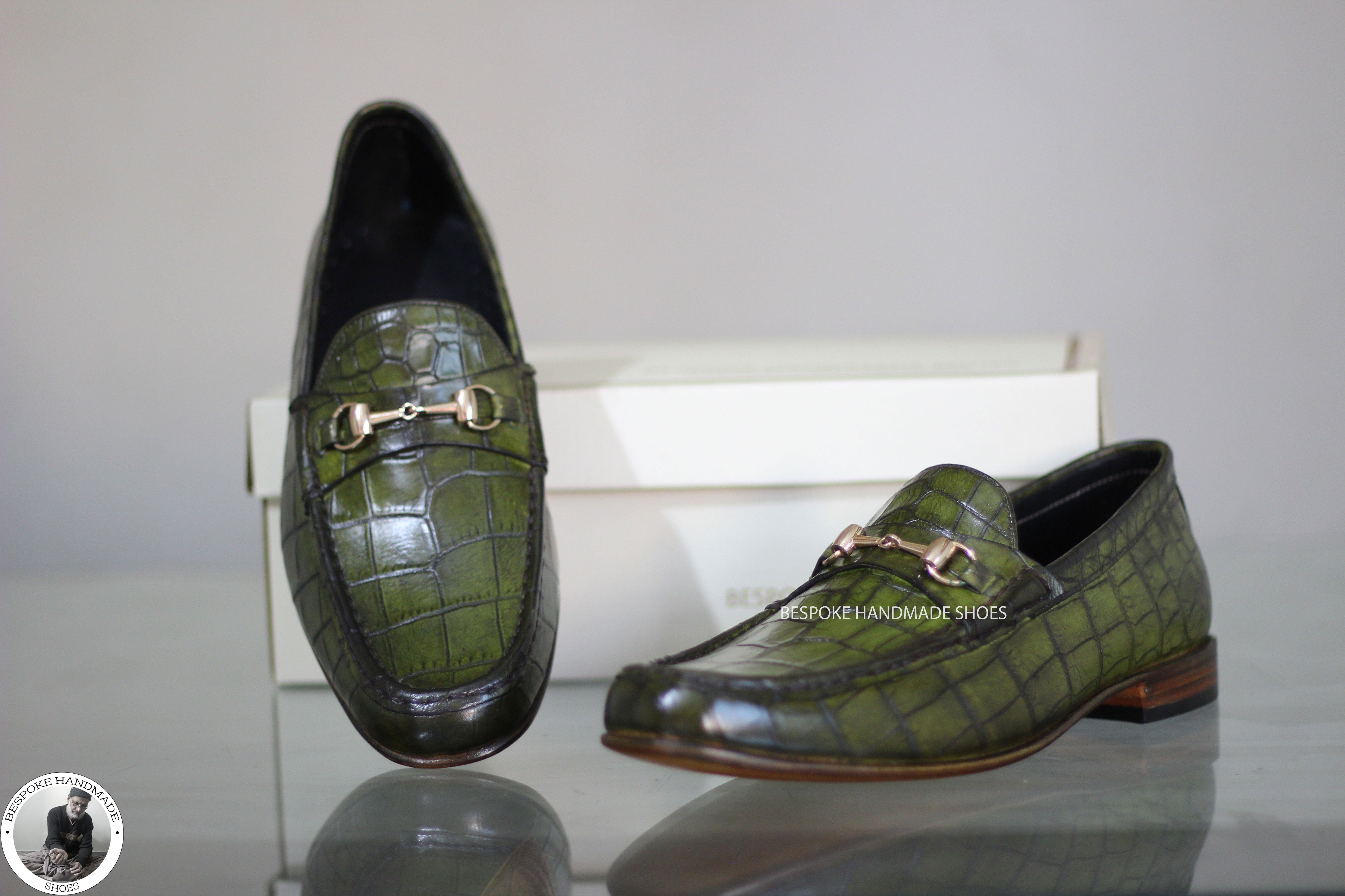 New Handmade Bespoke Genuine Olive Green Leather Slip on Loafers Style Shoes