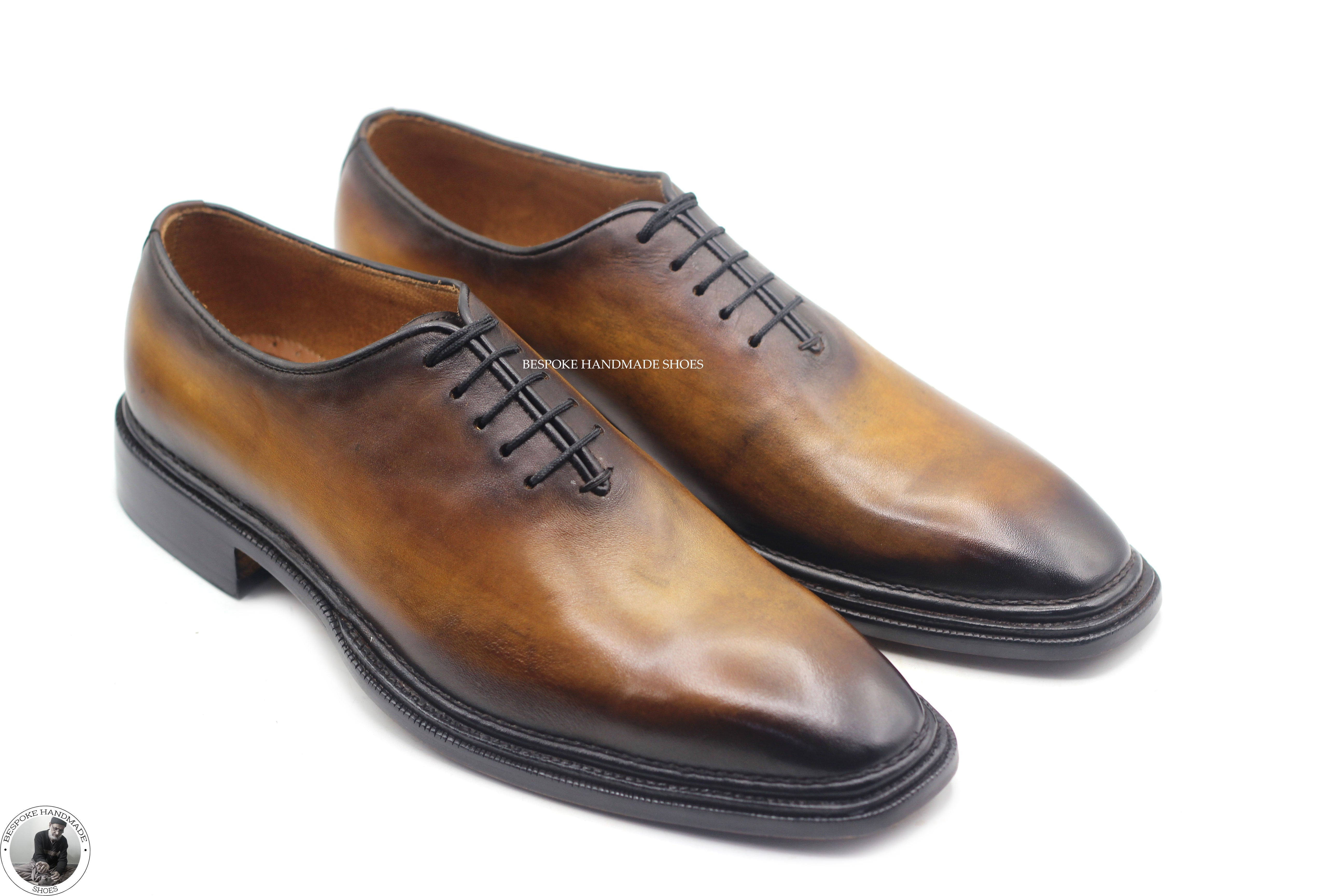 New Men's Handmade Two Tone Brown Leather Black Shaded Lace Up Oxford Whole Cut Dress Shoes Men's