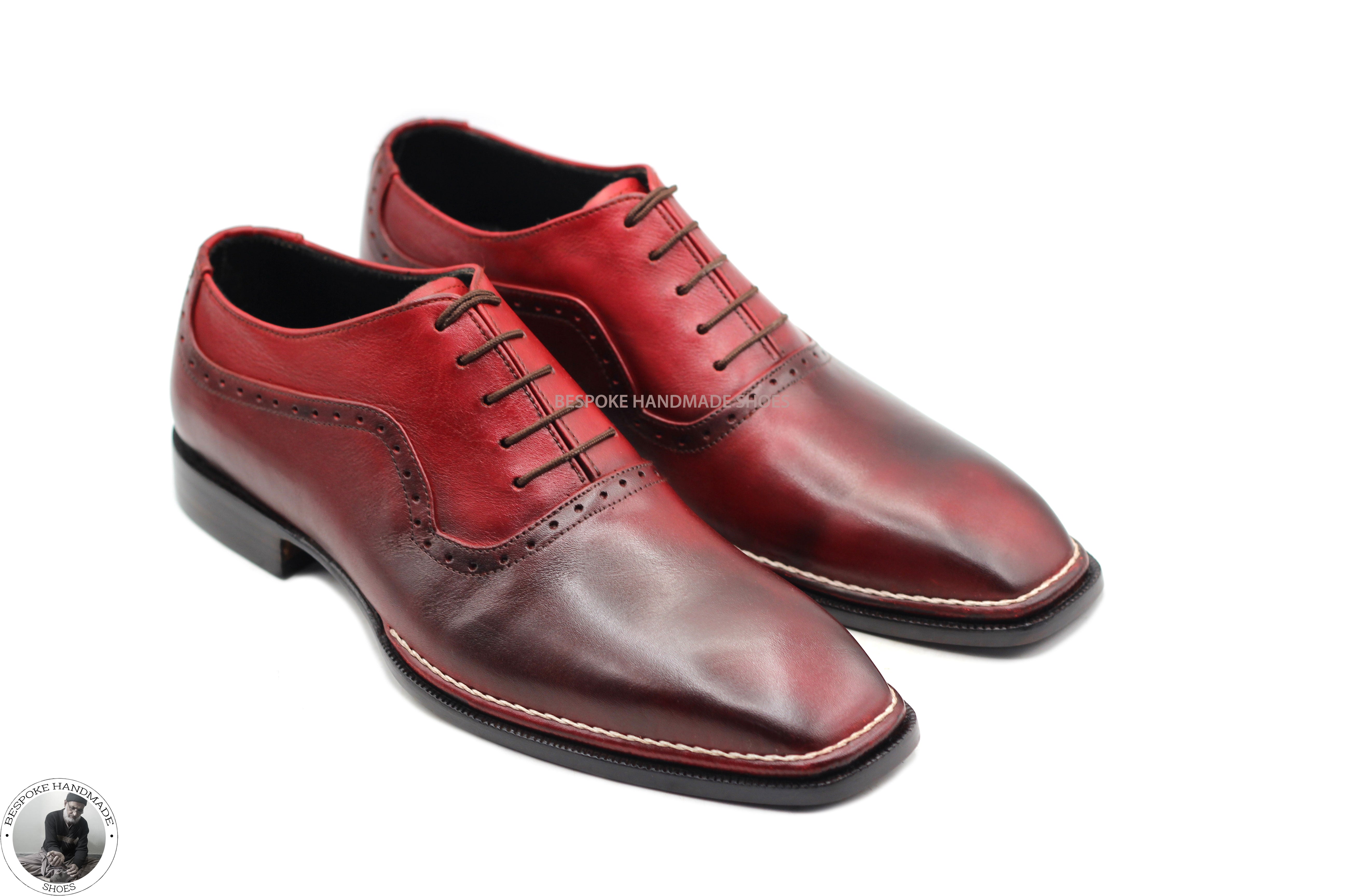 Bespoke Handmade Men's Maroon Leather Oxford Whole Cut Lace up White Stitching Dress Casual Shoes