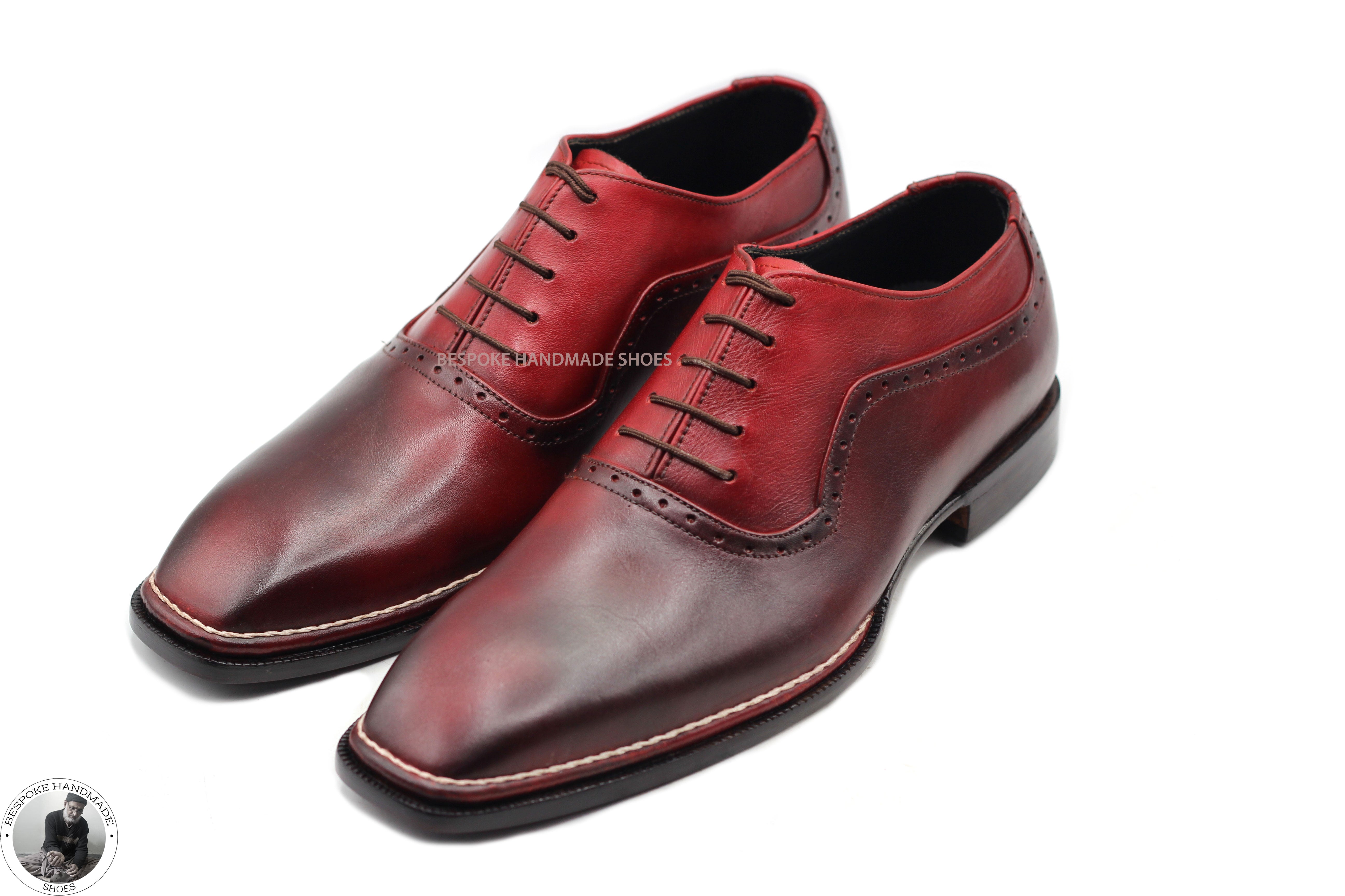 Bespoke Handmade Men's Maroon Leather Oxford Whole Cut Lace up White Stitching Dress Casual Shoes