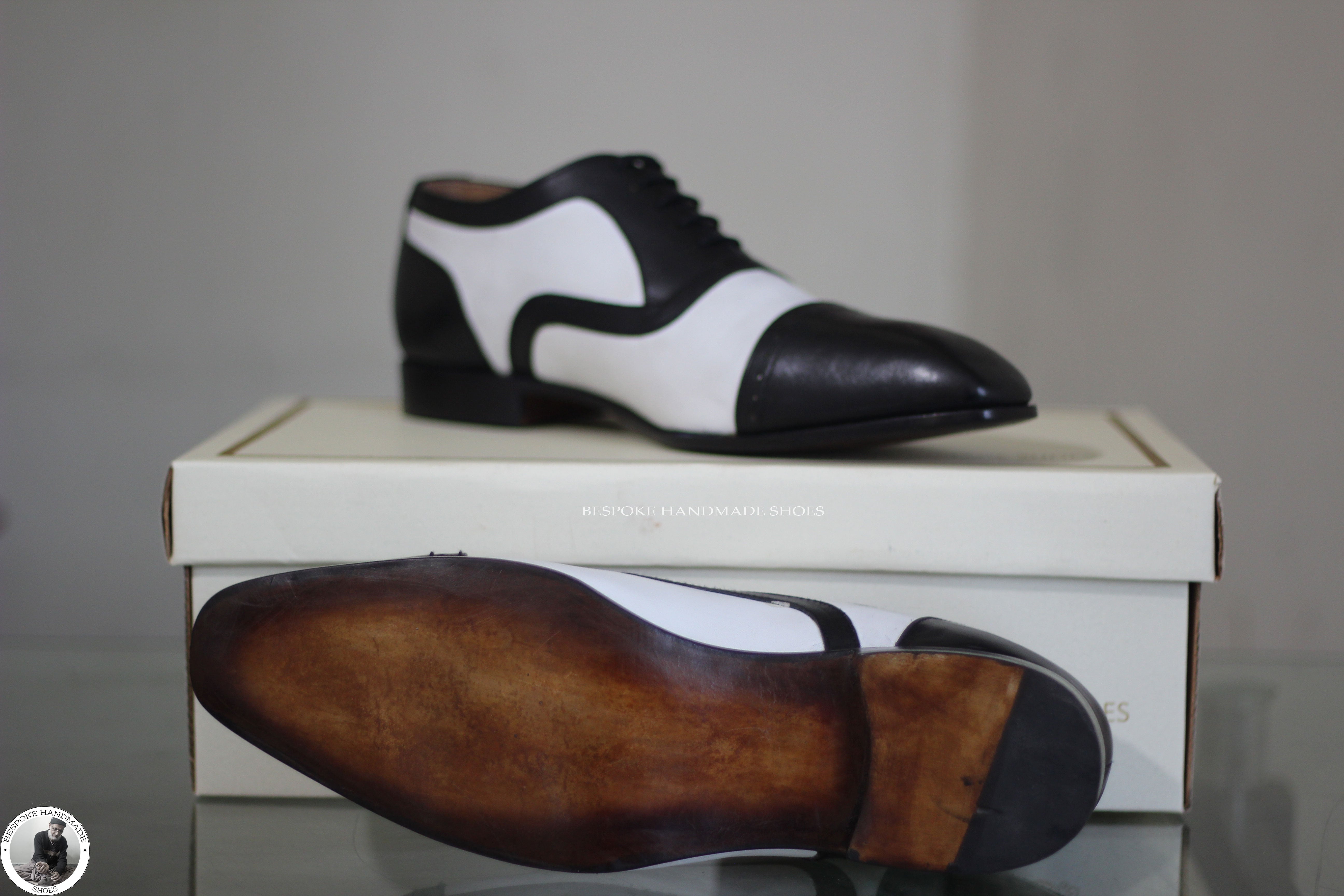 Handmade Men's Black And White Leather Wingtip Brogue Oxford Lace Up Formal Men's Shoes