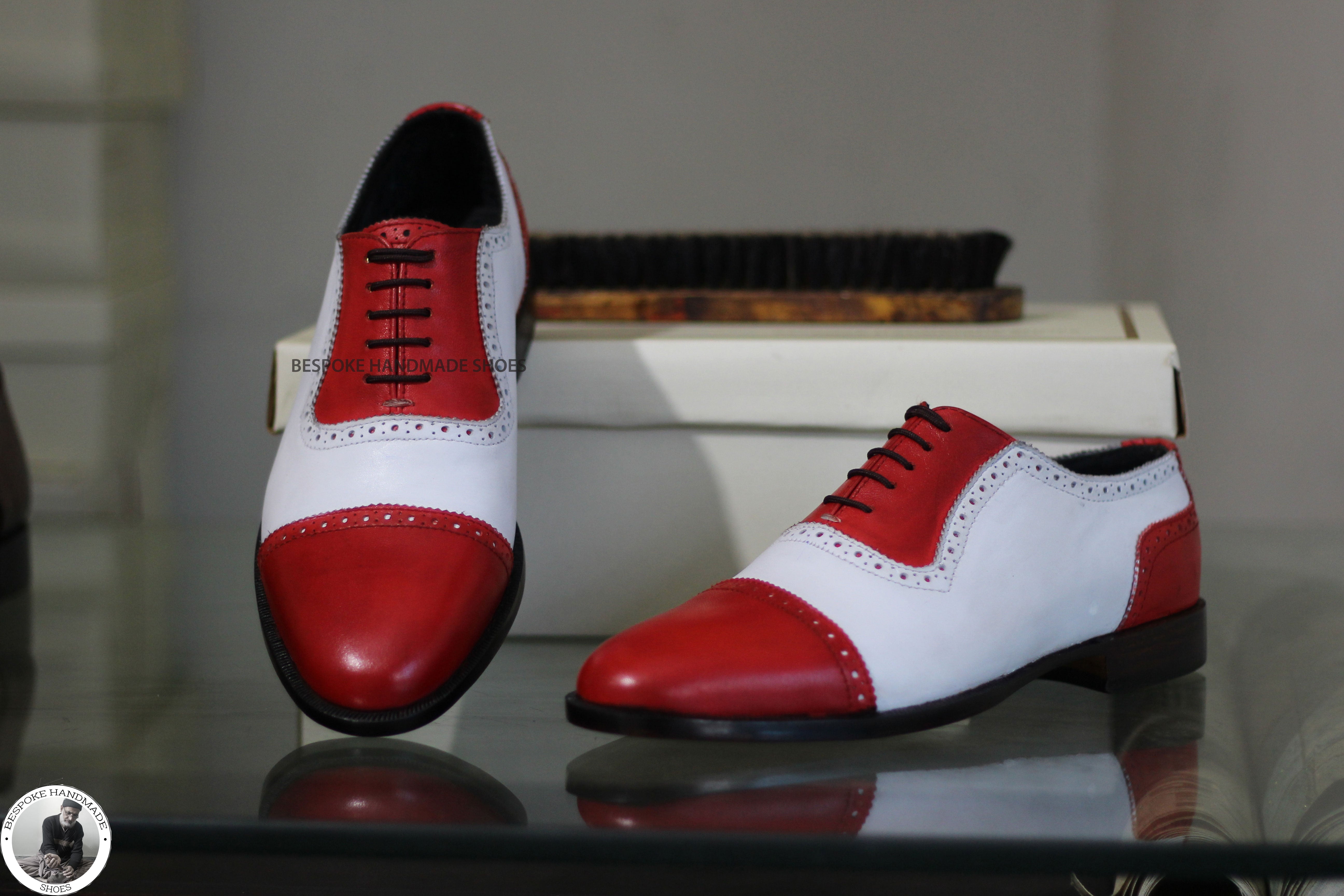 New Men's Handmade White & Red Color Leather Toe Cap Oxford Lace Up Designer Shoes For Men's