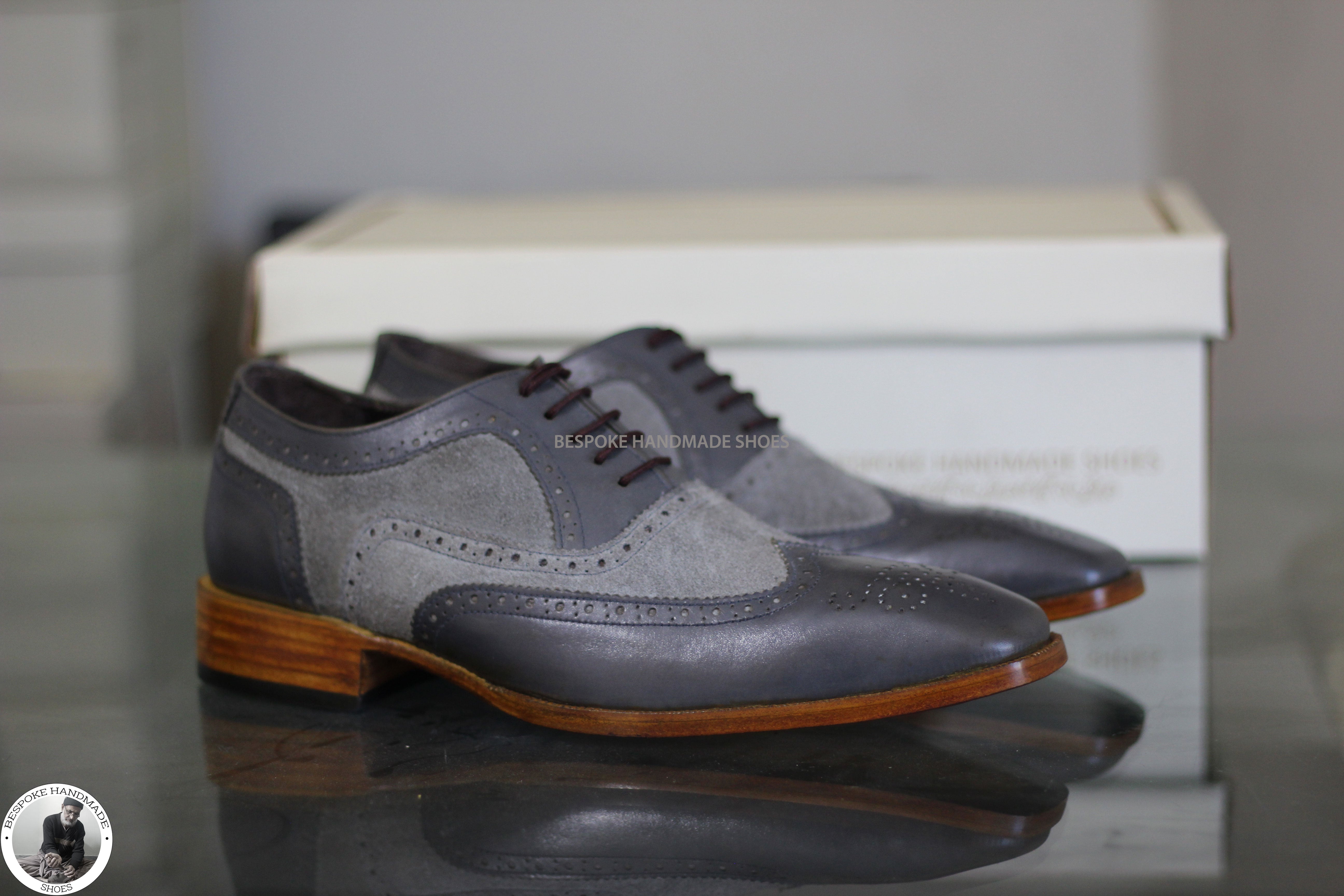 Bespoke Men's Genuine Gray Leather And Suede Oxford Wingtip Brogue Lace up Dress And Formal Shoes