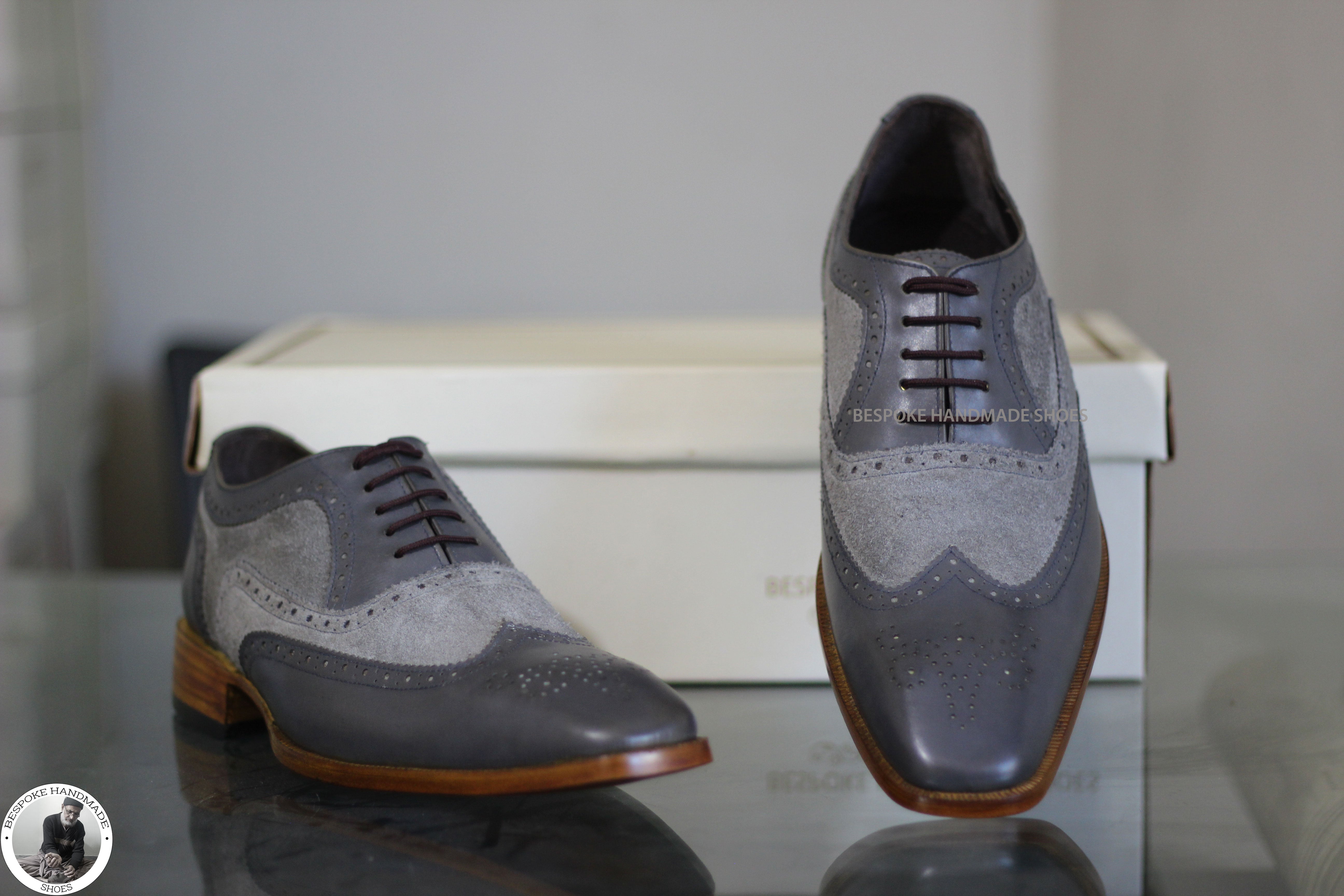 Bespoke Men's Genuine Gray Leather And Suede Oxford Wingtip Brogue Lace up Dress And Formal Shoes
