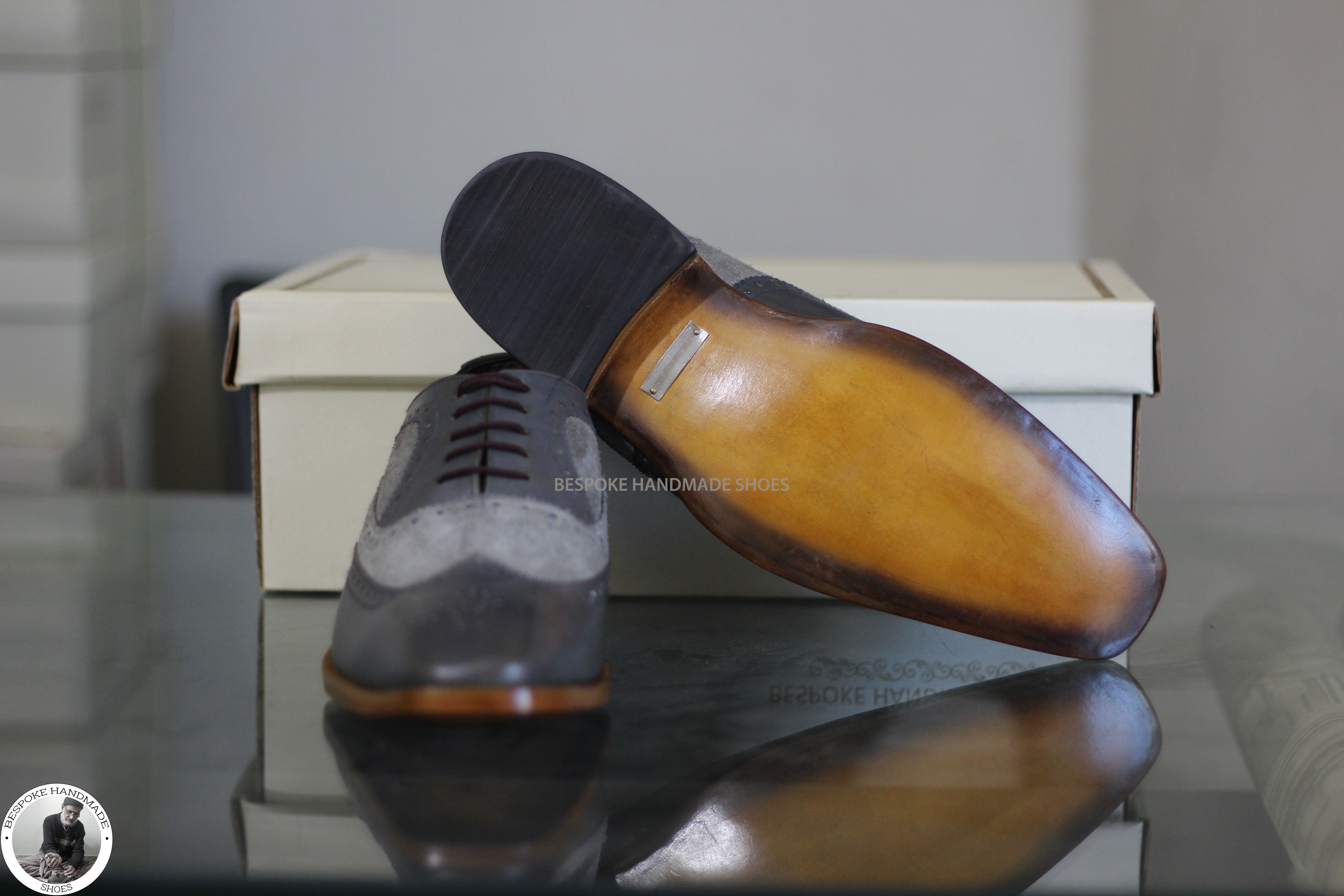Bespoke Men's Genuine Gray Leather And Suede Oxford Wingtip Brogue Lace up Dress And Formal Shoes