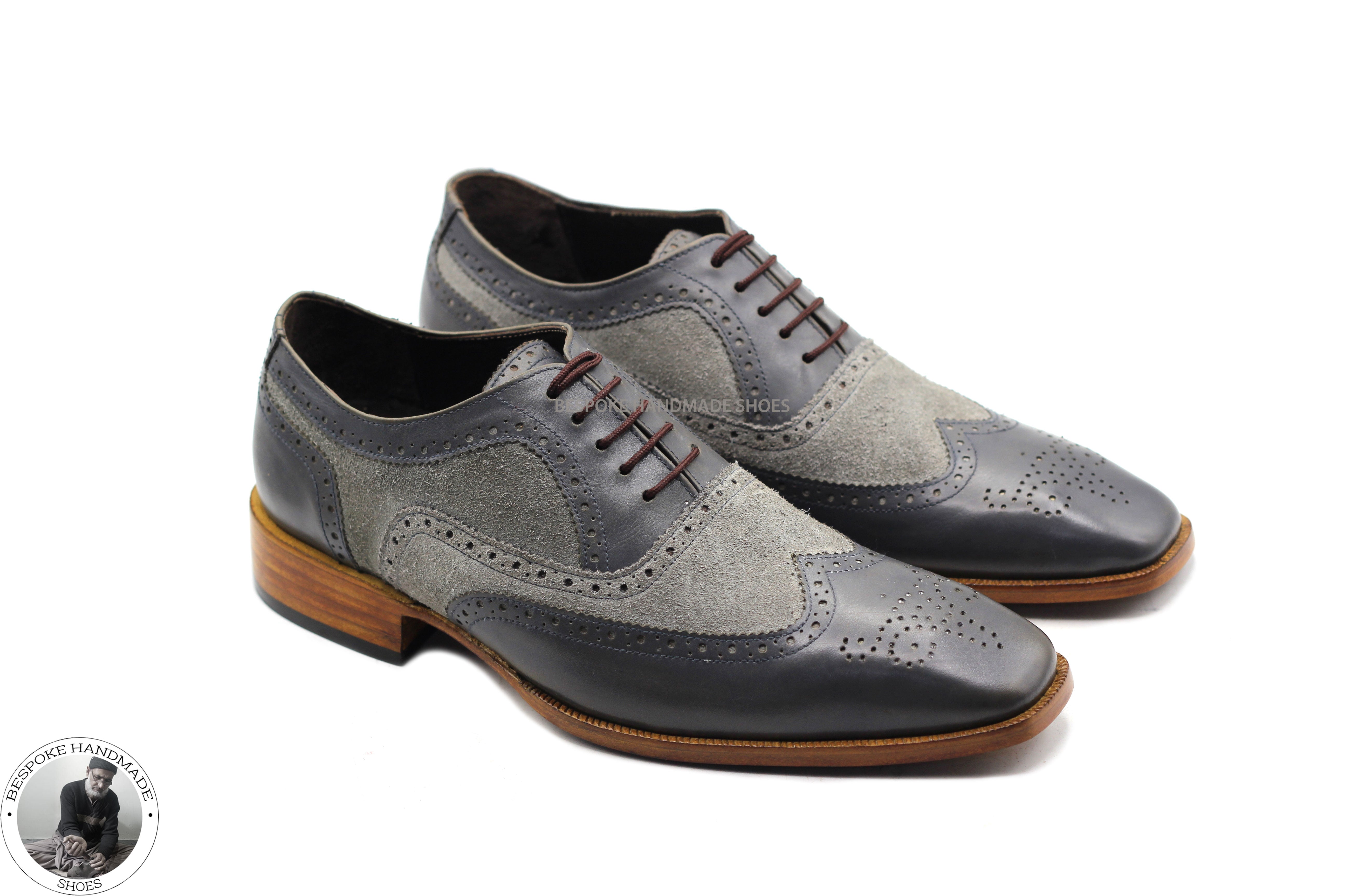 Bespoke Men's Genuine Gray Leather And Suede Oxford Wingtip Brogue Lace up Dress And Formal Shoes