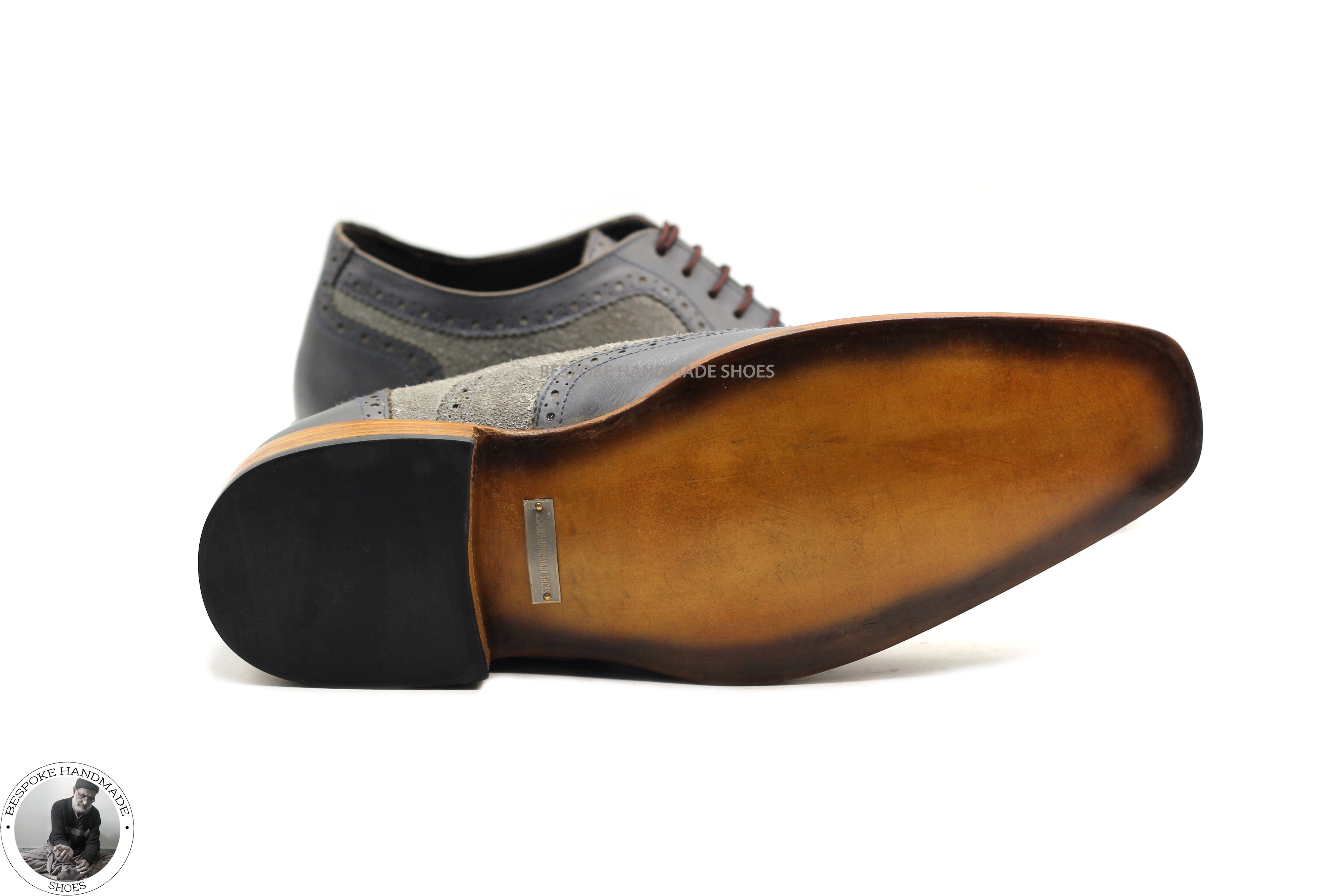 Bespoke Men's Genuine Gray Leather And Suede Oxford Wingtip Brogue Lace up Dress And Formal Shoes