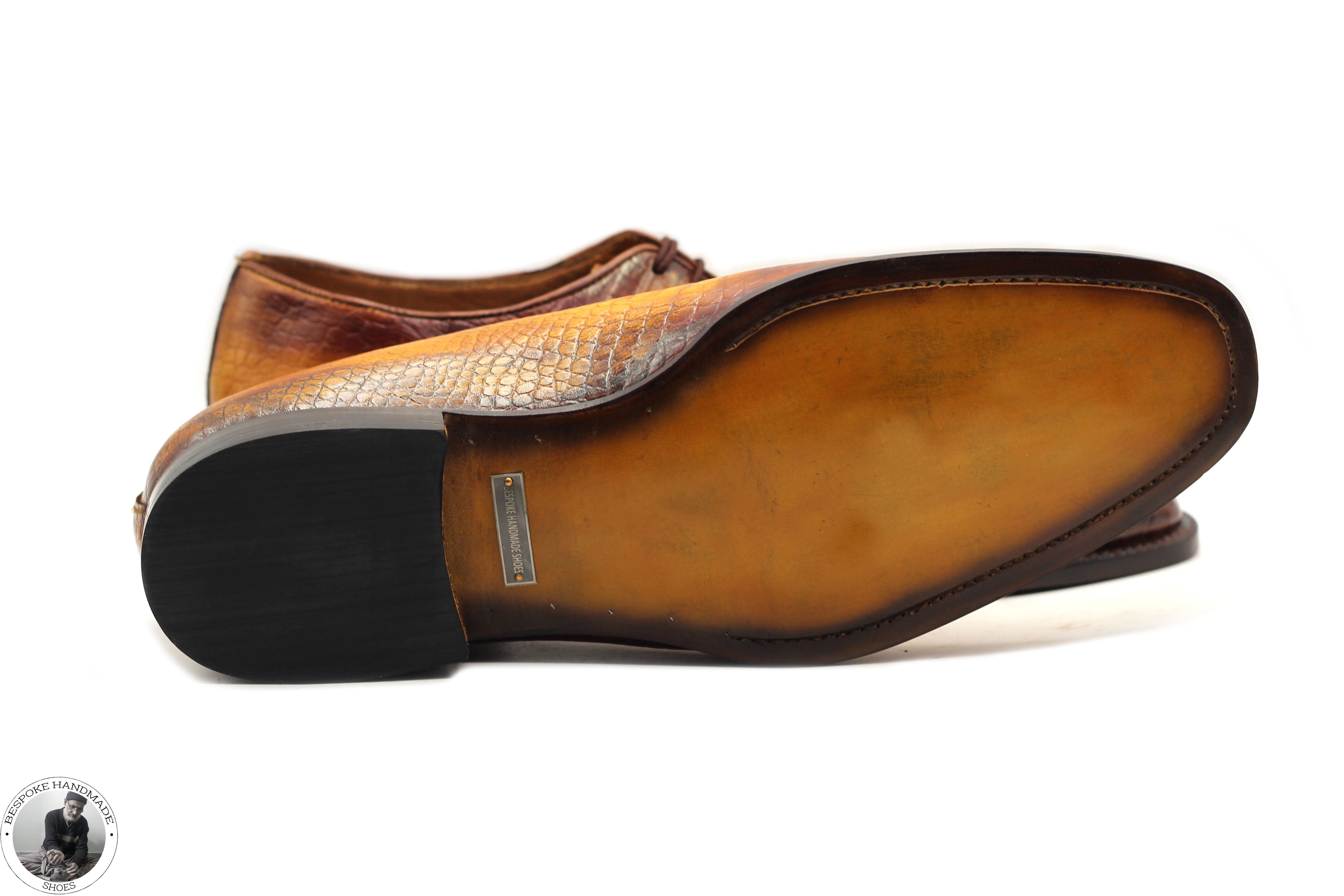 Premium Quality Tan Animal Print Leather And Brown Shaded Oxford Whole Cut Lace up Casual Shoes