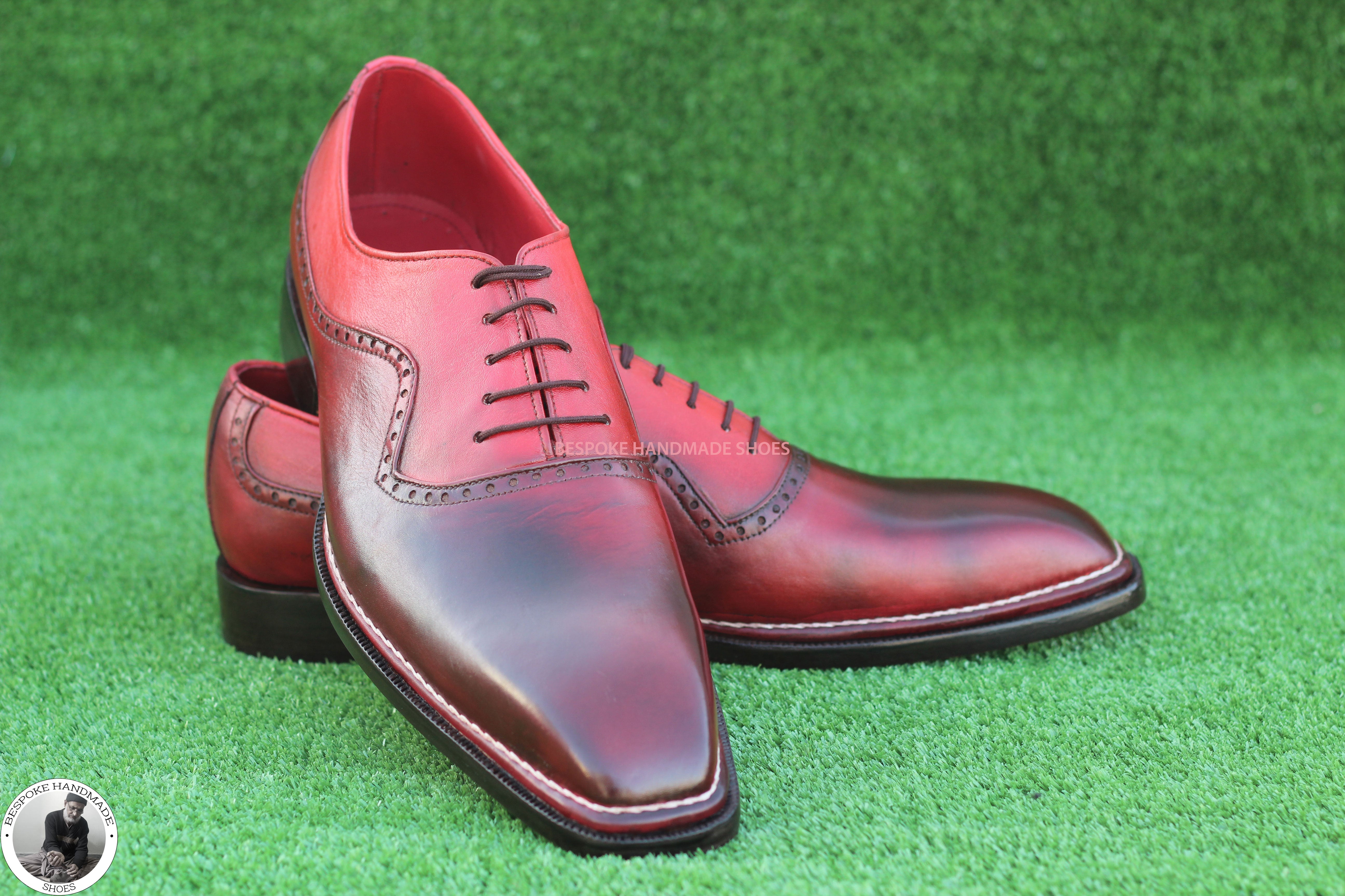 Bespoke Handmade Men's Maroon Leather Oxford Whole Cut Lace up White Stitching Dress Casual Shoes