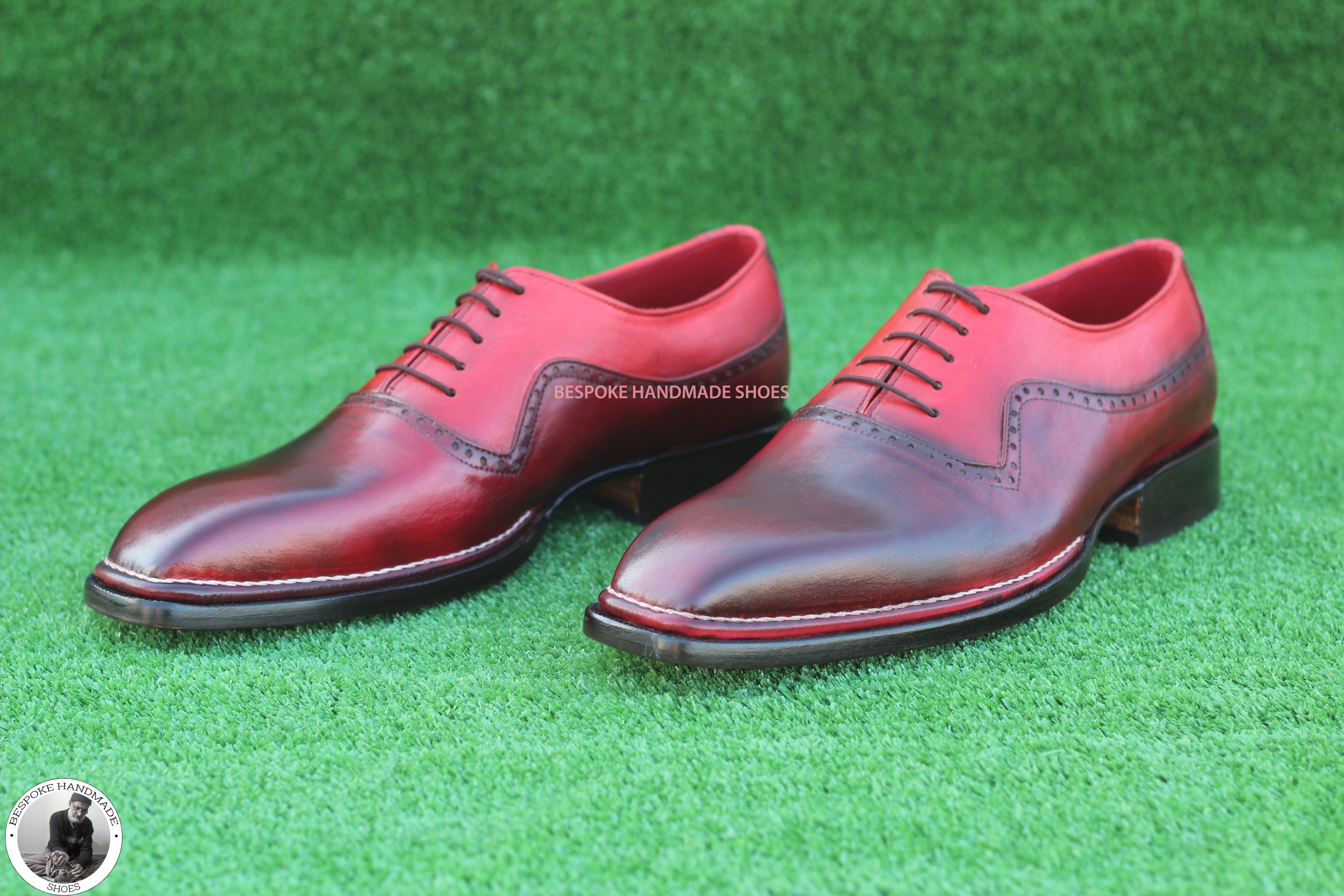 Bespoke Handmade Men's Maroon Leather Oxford Whole Cut Lace up White Stitching Dress Casual Shoes