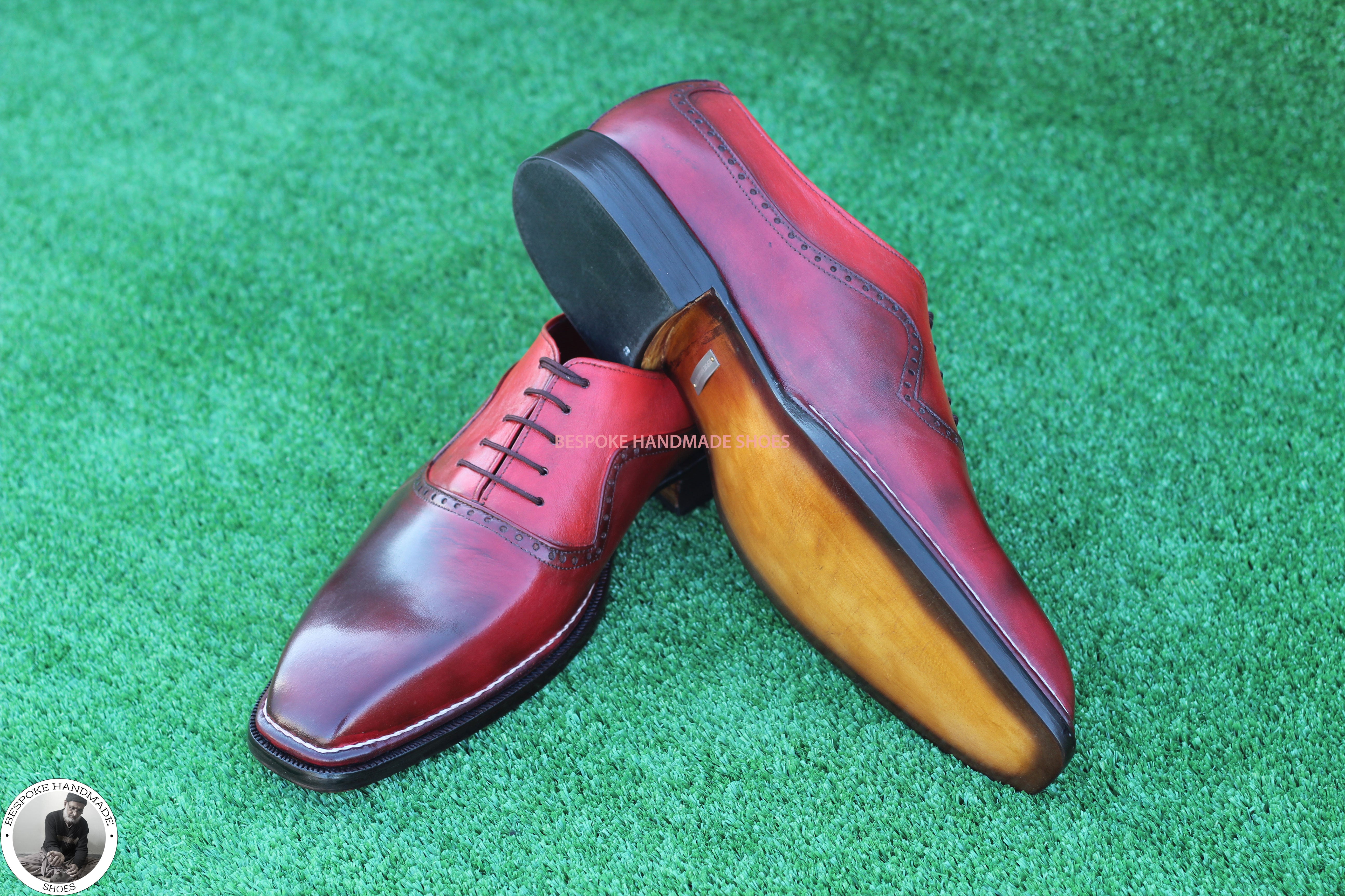 Bespoke Handmade Men's Maroon Leather Oxford Whole Cut Lace up White Stitching Dress Casual Shoes