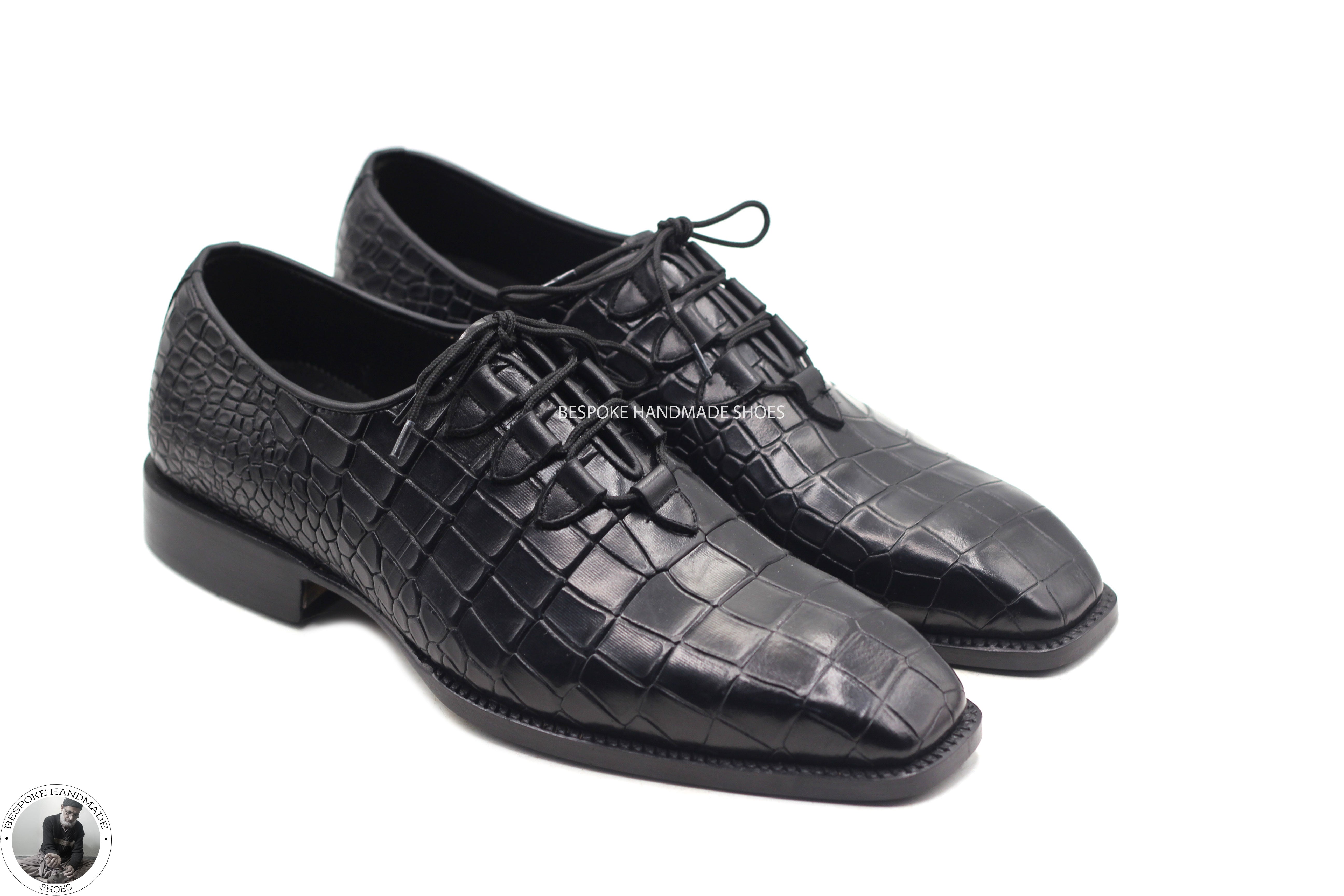Bespoke Premium Quality Black Alligator Print Leather Oxford Lace up Party Wear Shoes.