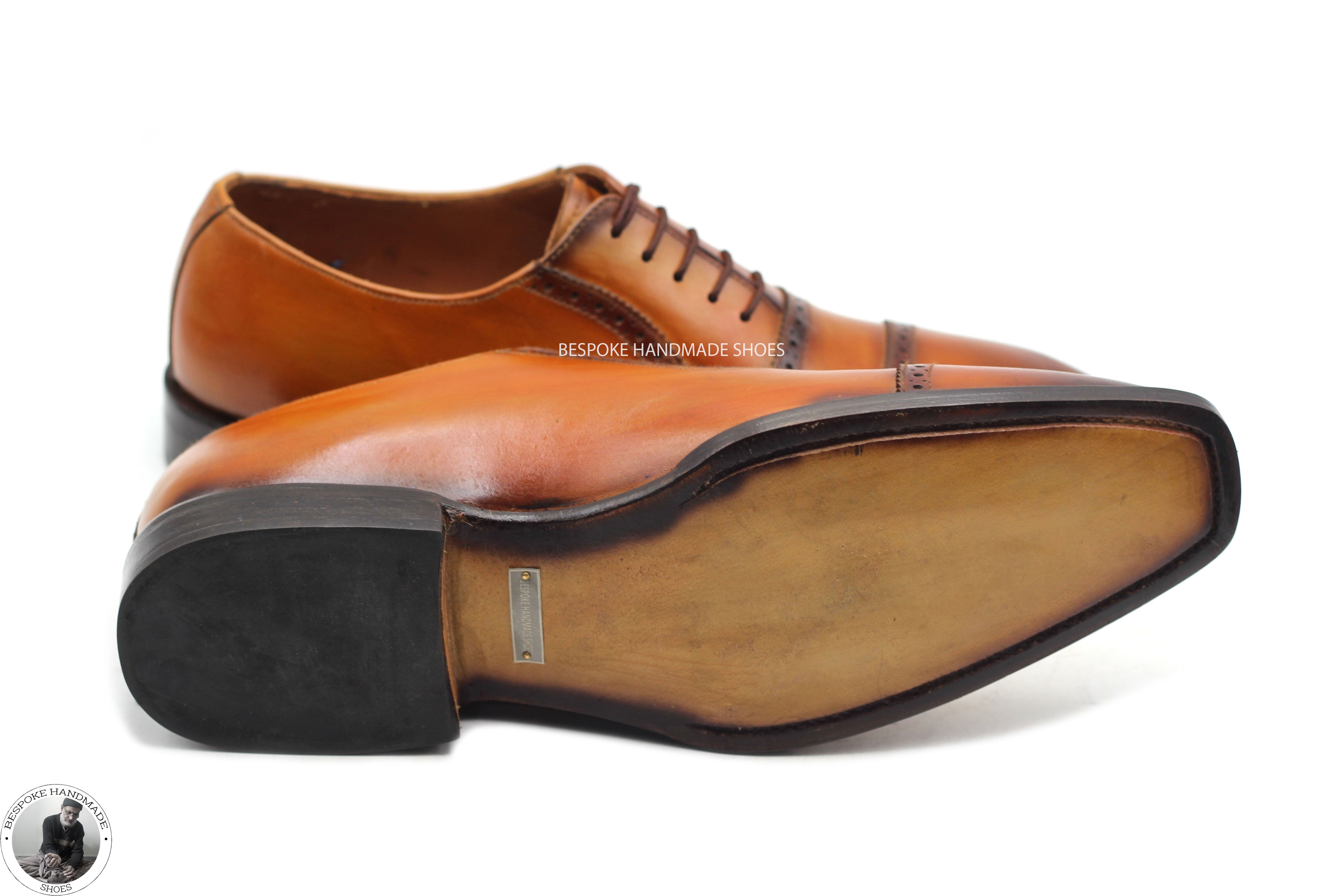 New Handcrafted Genuine Tan Leather Bit Black Shaded Oxford Toe Cap Lace Up Dress, Formal Shoes for Men'sNew Handcrafted Genuine Tan Leather Bit Black Shaded Oxford Toe Cap Lace Up Dress, Formal Shoes for Men's