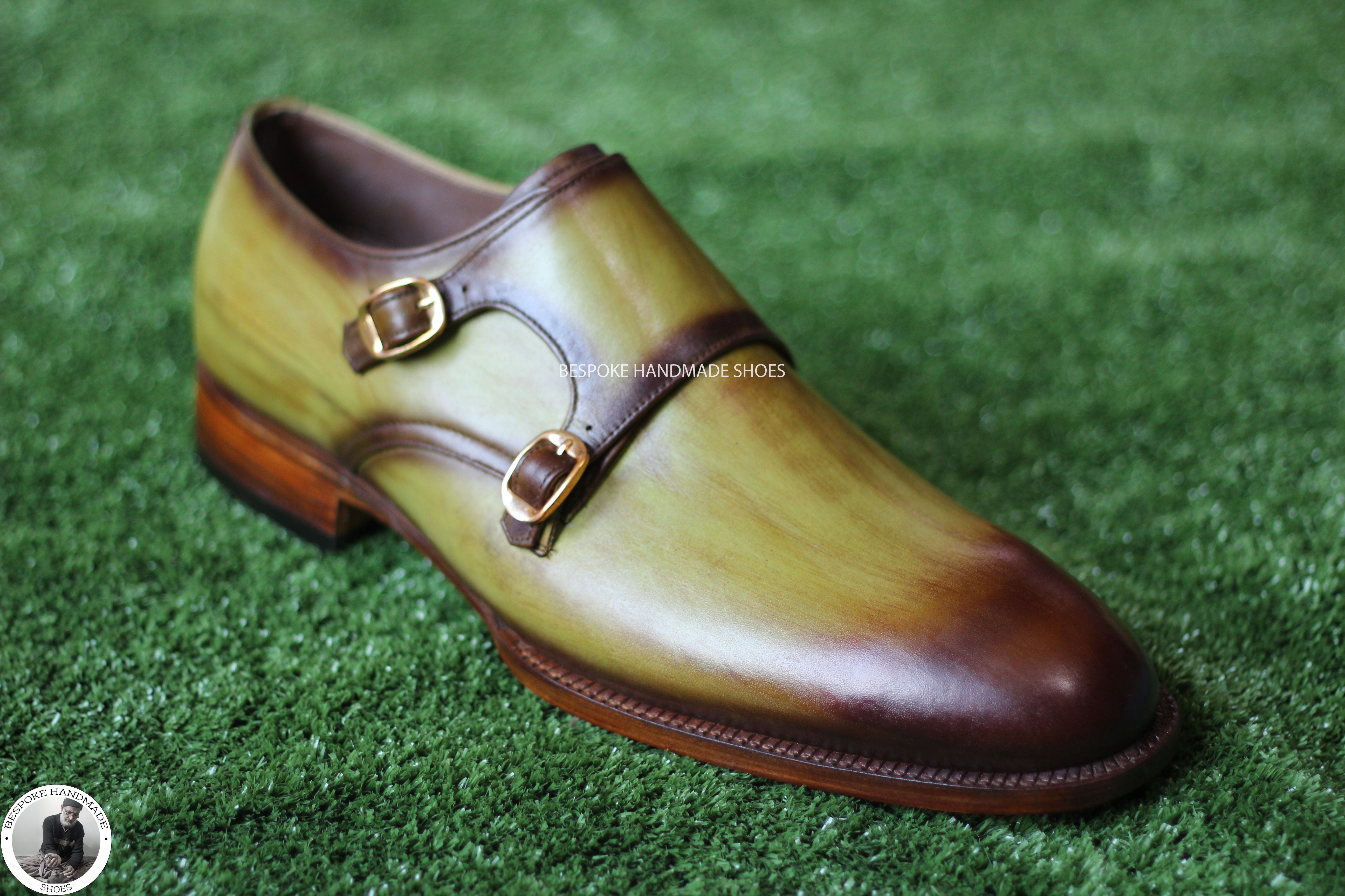 Bespoke Handmade Stylish Two Tone  Leather Toe Shaded Double Monk Strap Dress Shoes for Men' 