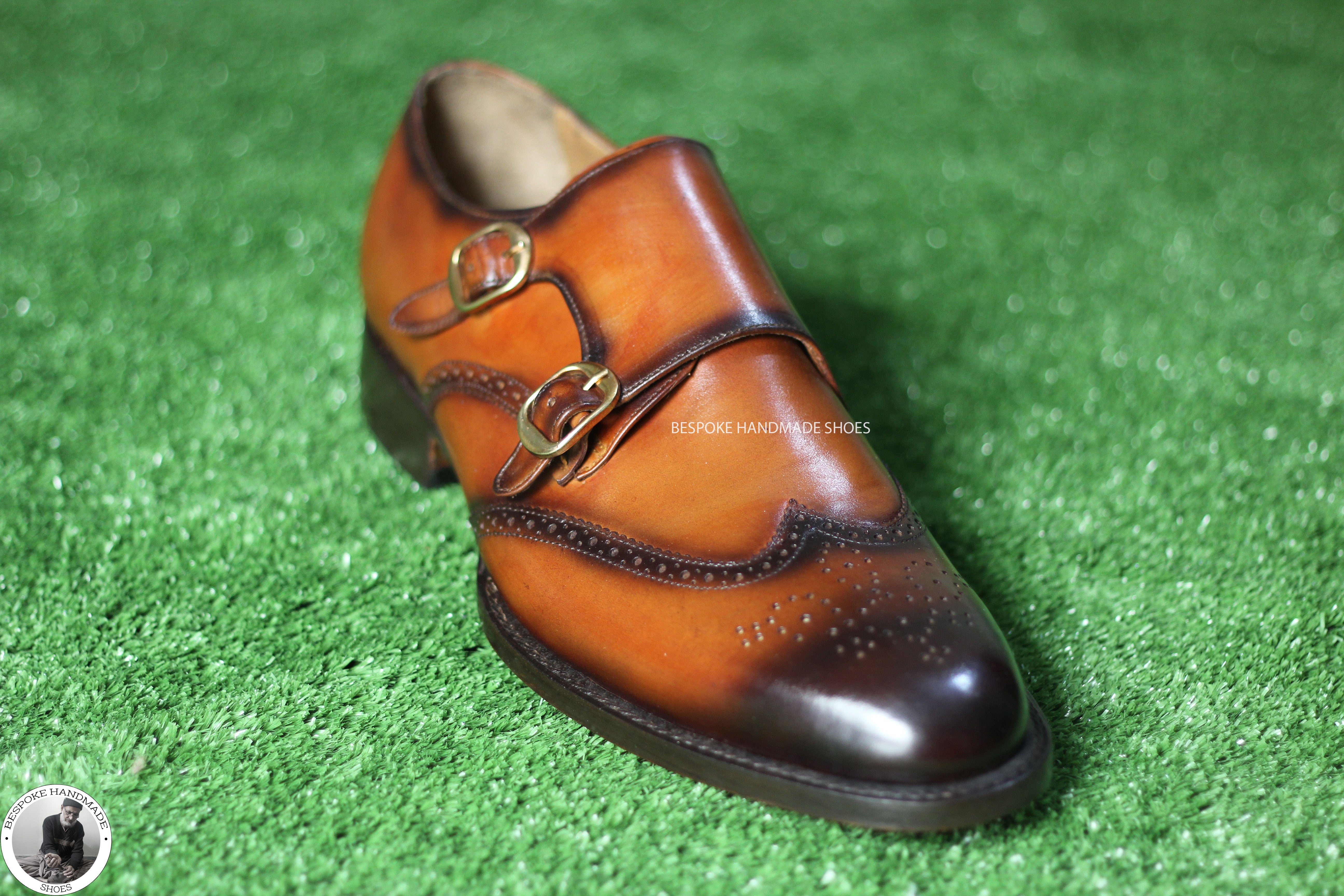 Handmade Premium Quality Brown Leather Double Monk Wingtip Brogue Party Wear Dress Shoes