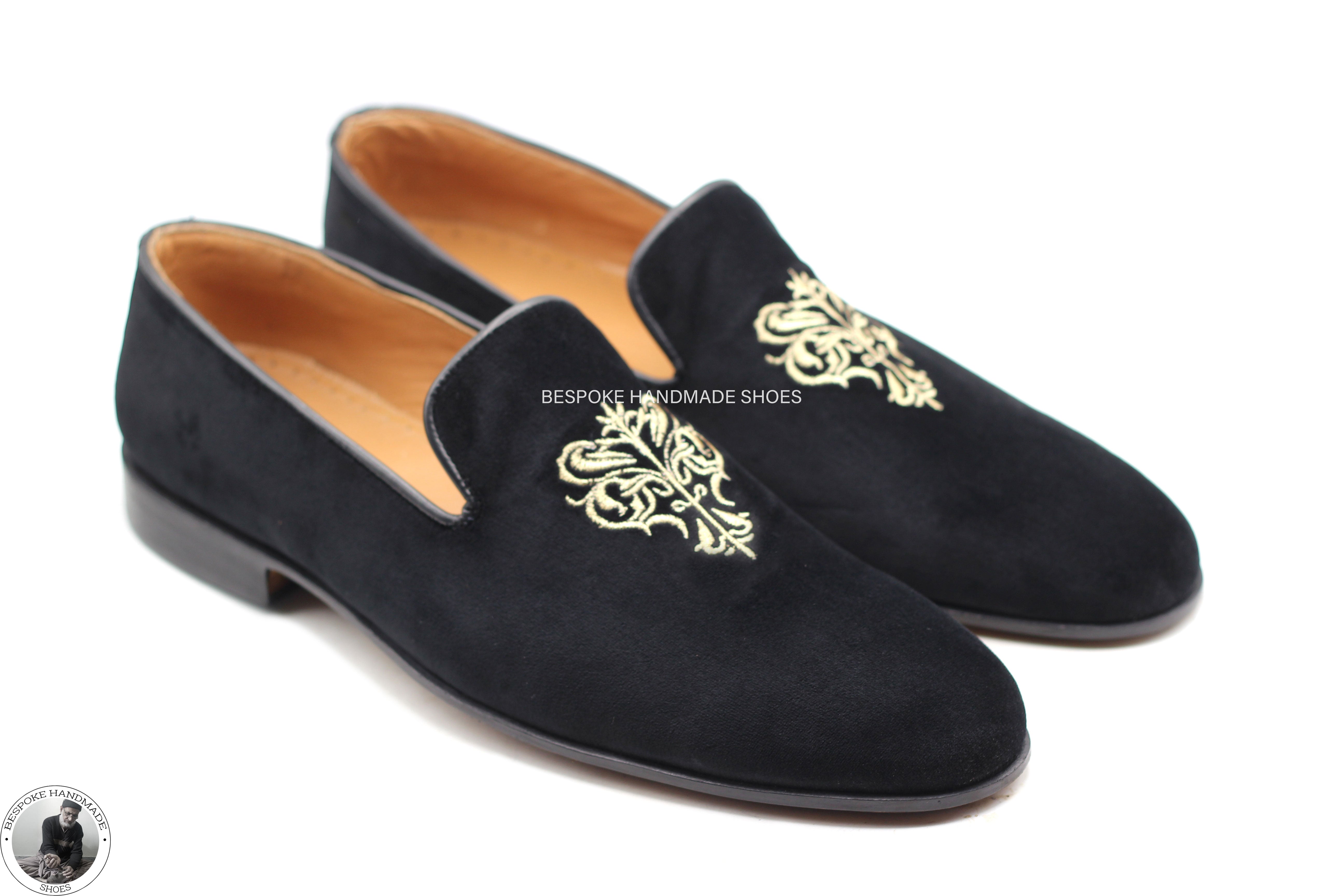Premium Quality Handmade Genuine Black Velvet Embroidered Slip On Loafer Moccasin Dress Loafers Shoes