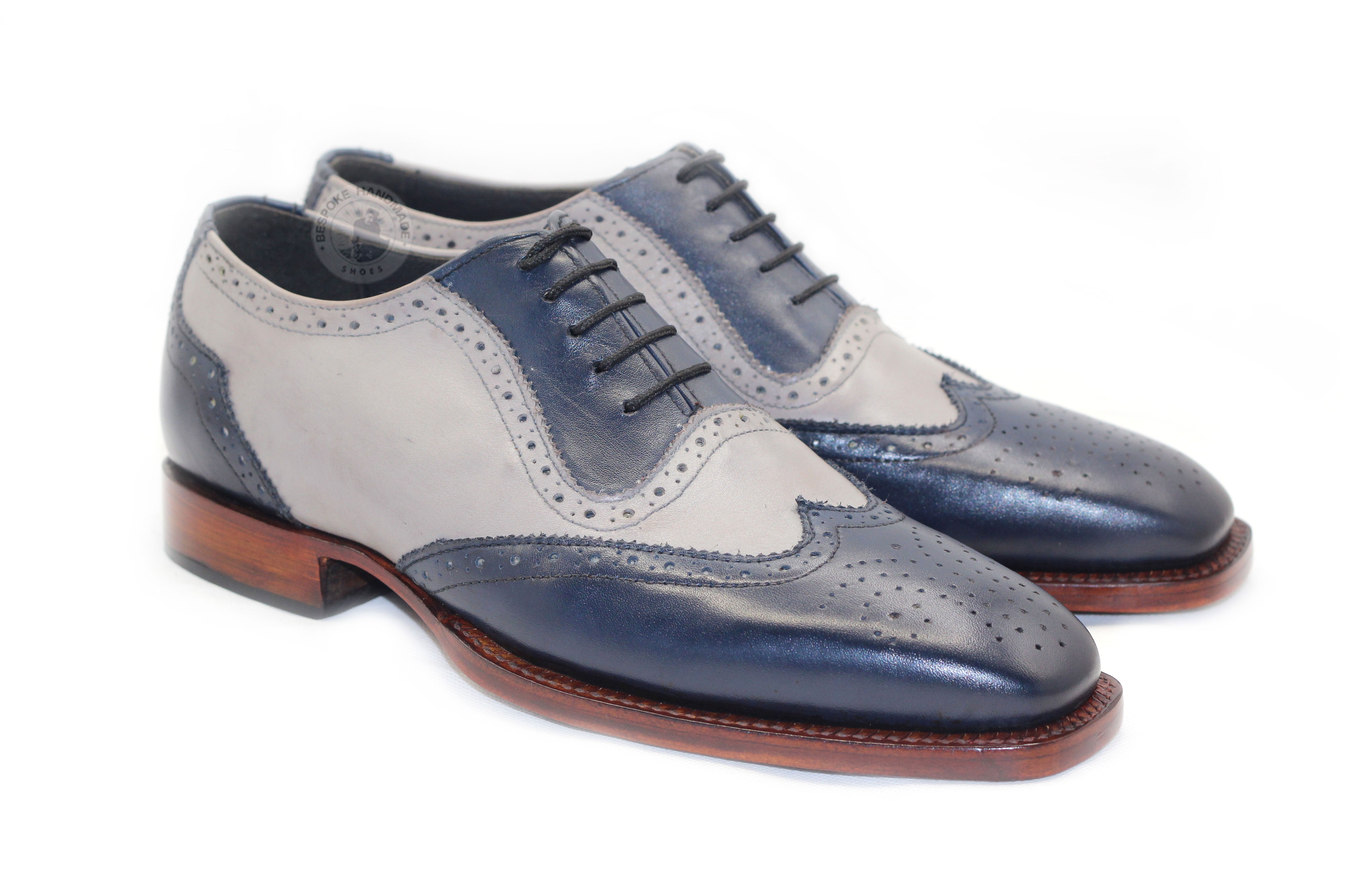 New Custom made Two Tone Brogue Wing's Tip Leather Oxford Lace Up Handmade Shoes